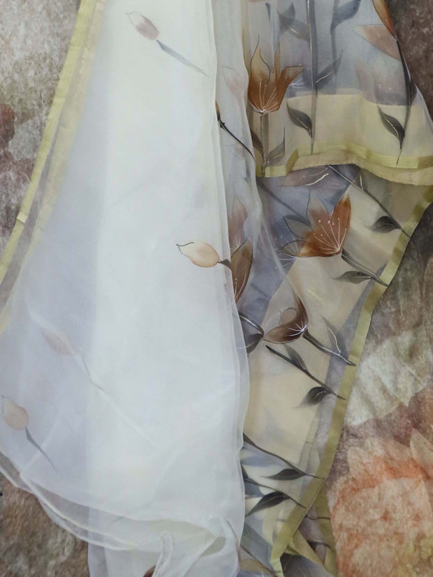 Hand painted off white  organza saree