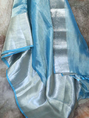 Light blue tissue saree with banarsi border, with stitched blouse
