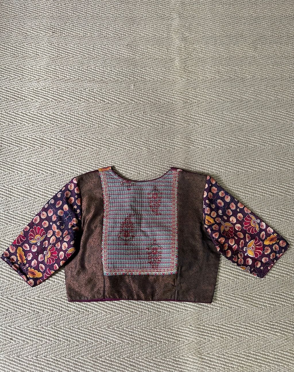 Marron silk blouse kalamkari patch work