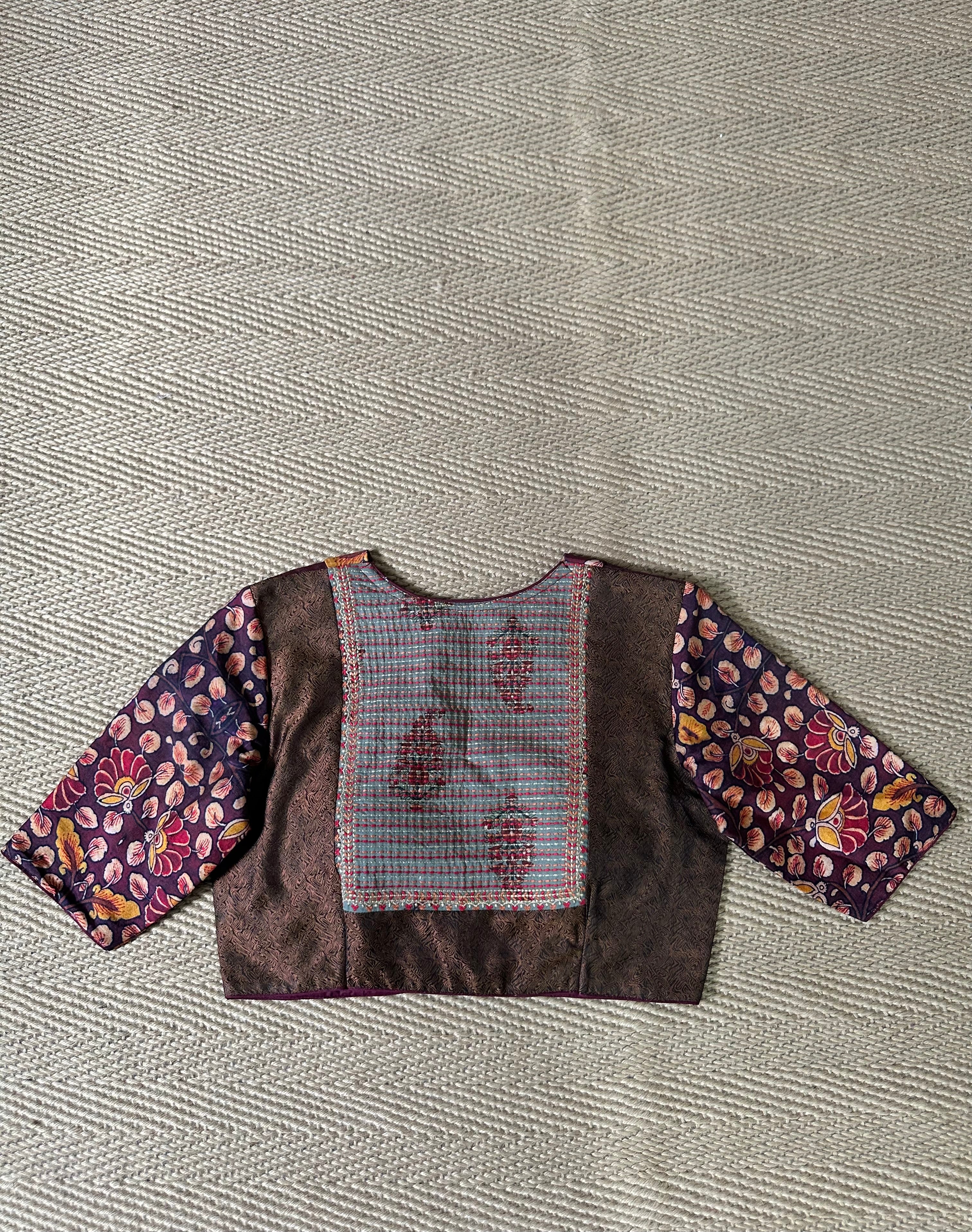 Marron silk blouse kalamkari patch work