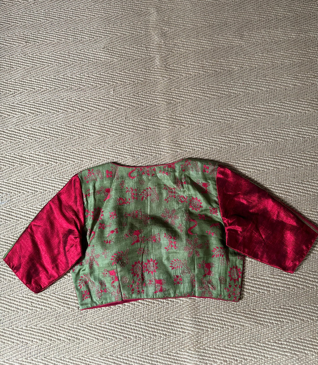 Red raw silk blouse with kanta work