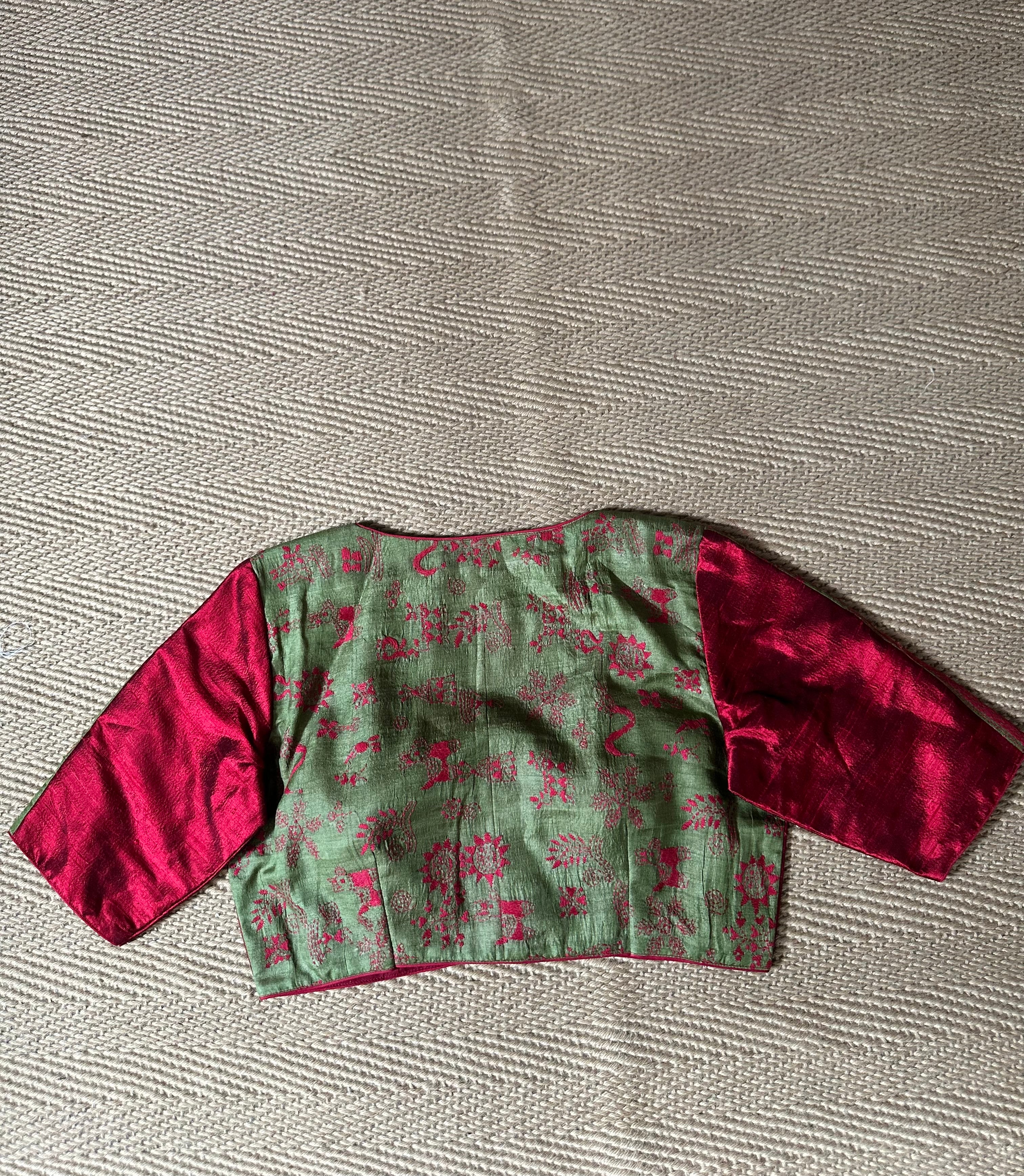 Red raw silk blouse with kanta work