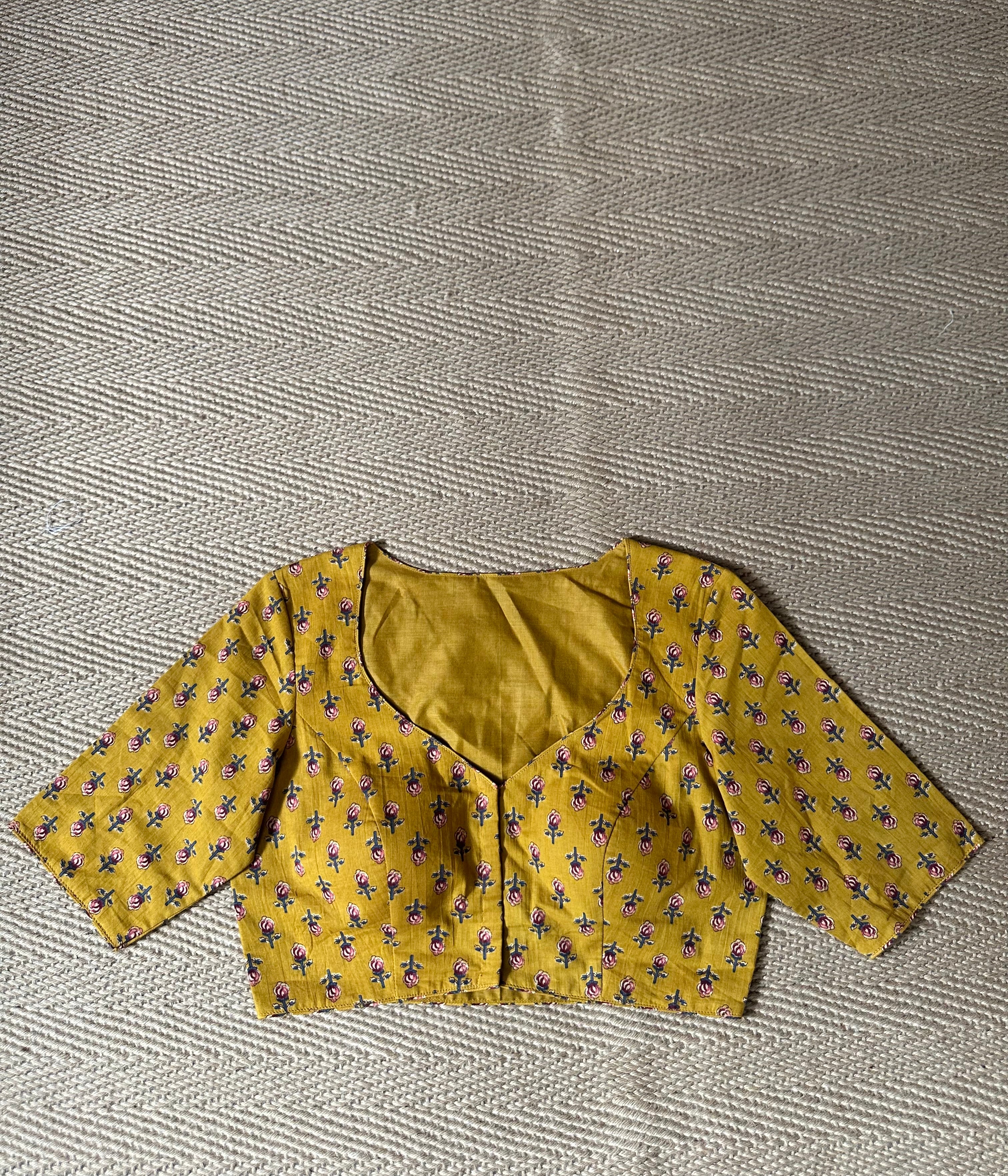 Muatard yellow cotton ajrak handblock printed blouse