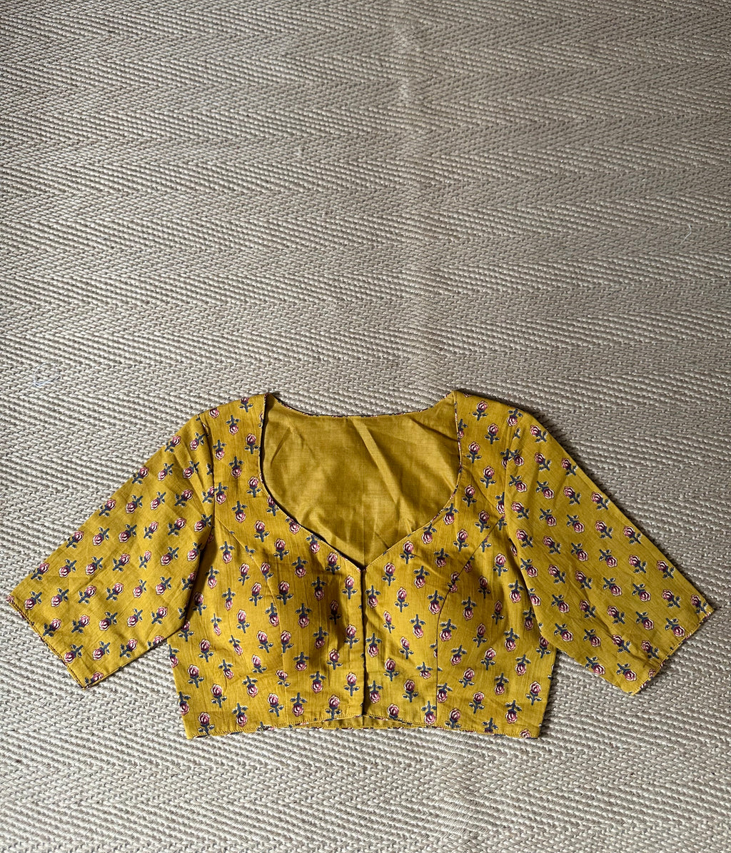 Muatard yellow cotton ajrak handblock printed blouse