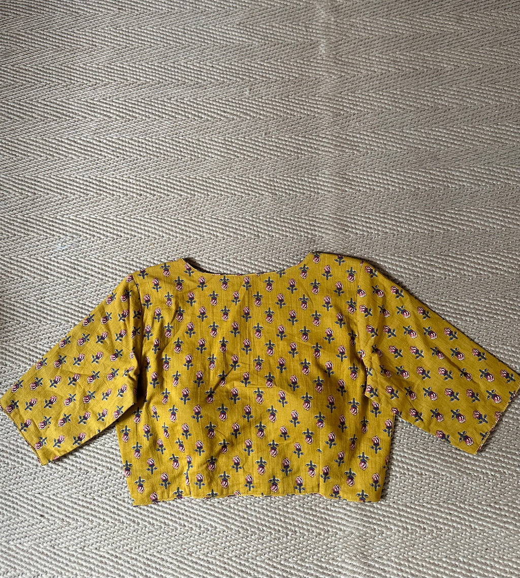 Muatard yellow cotton ajrak handblock printed blouse