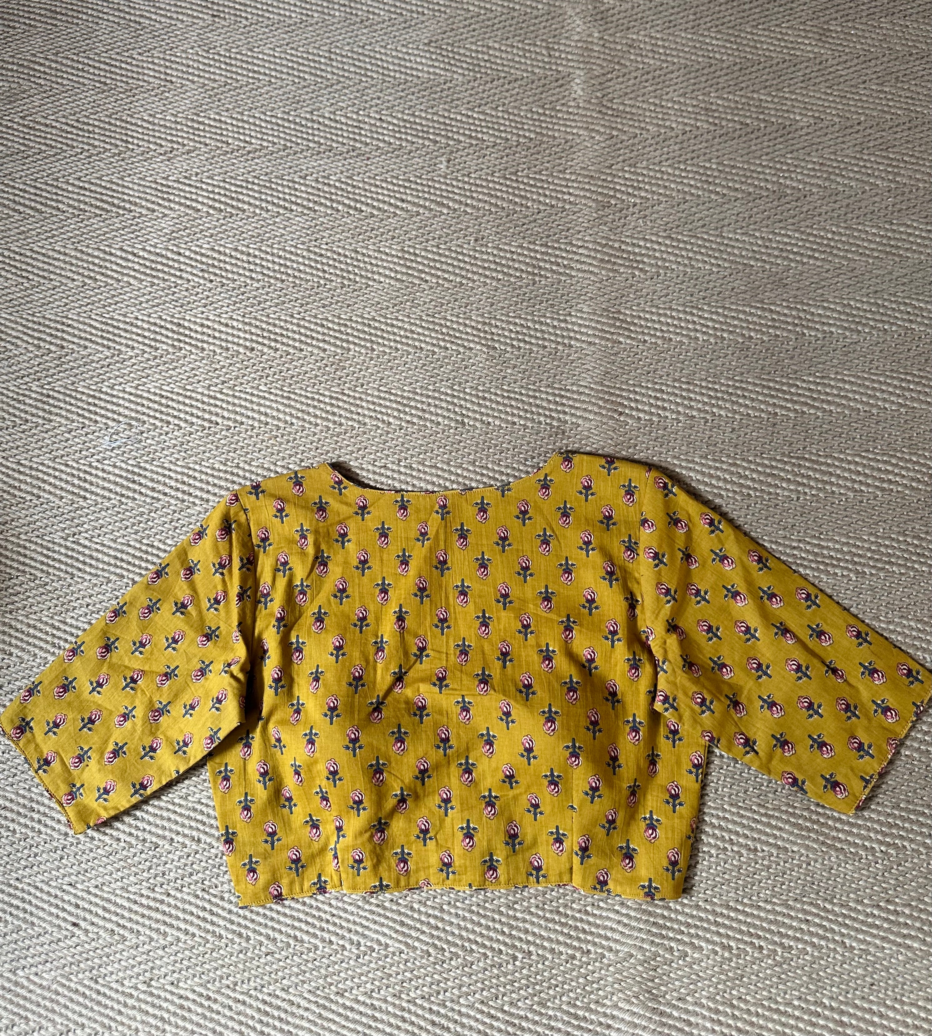 Muatard yellow cotton ajrak handblock printed blouse