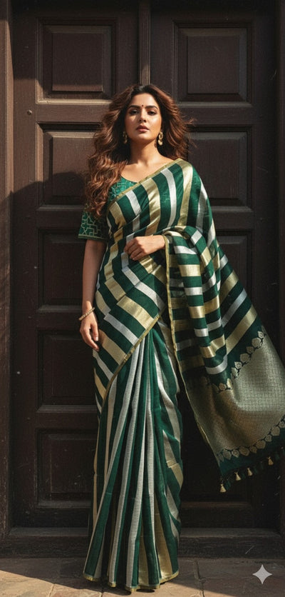 Dark Green Striped Pure Organza Silk Saree With Designer Blouse
