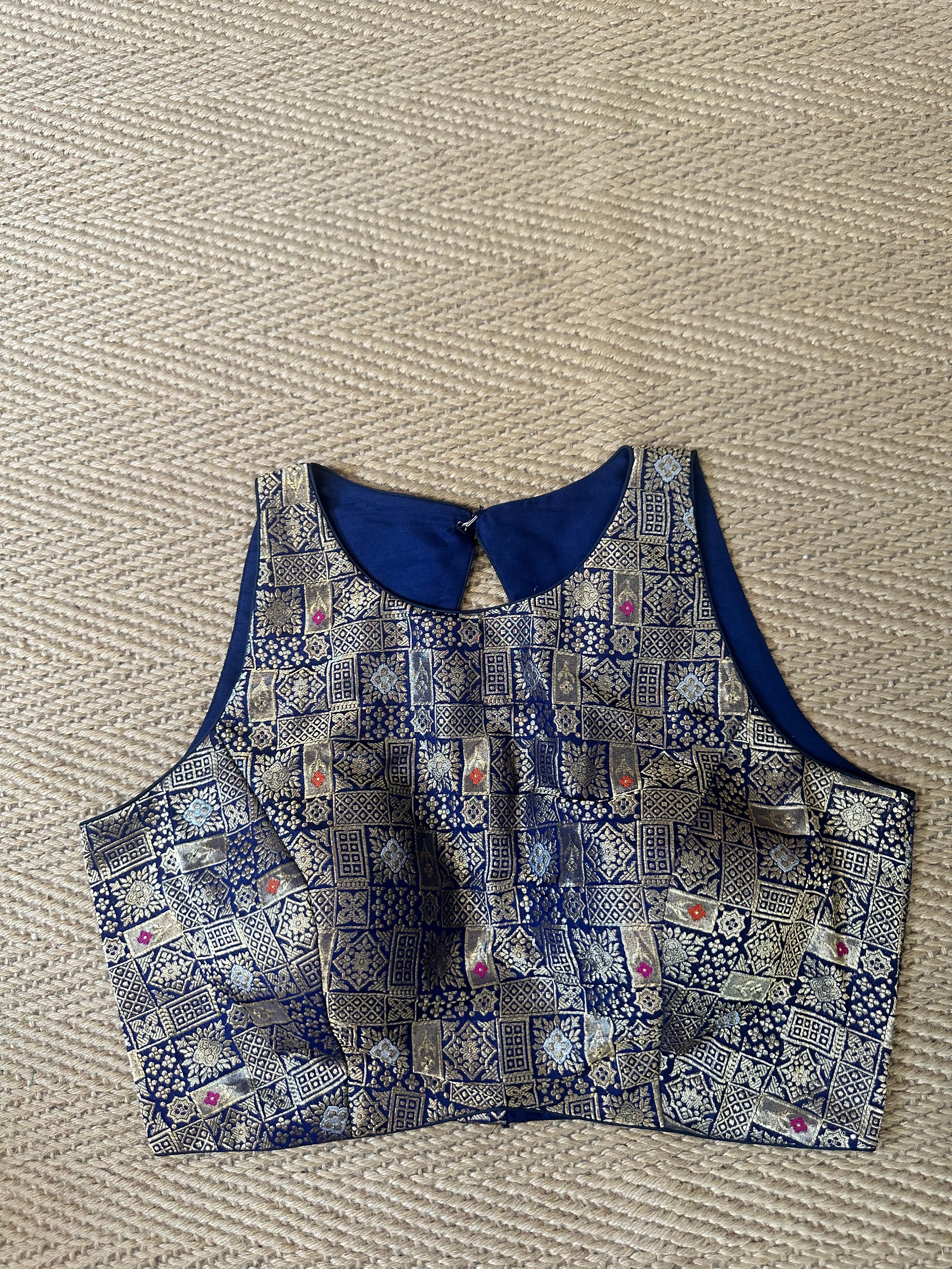 Blue silk brocade blouse