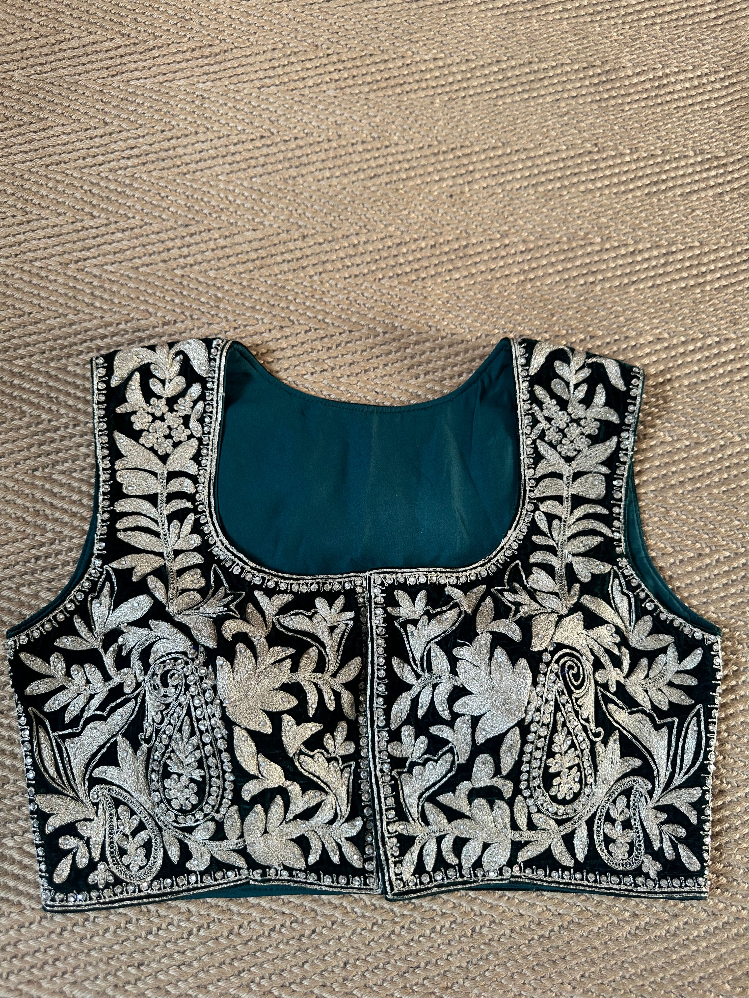 Green designer velvet sleeveless blouse