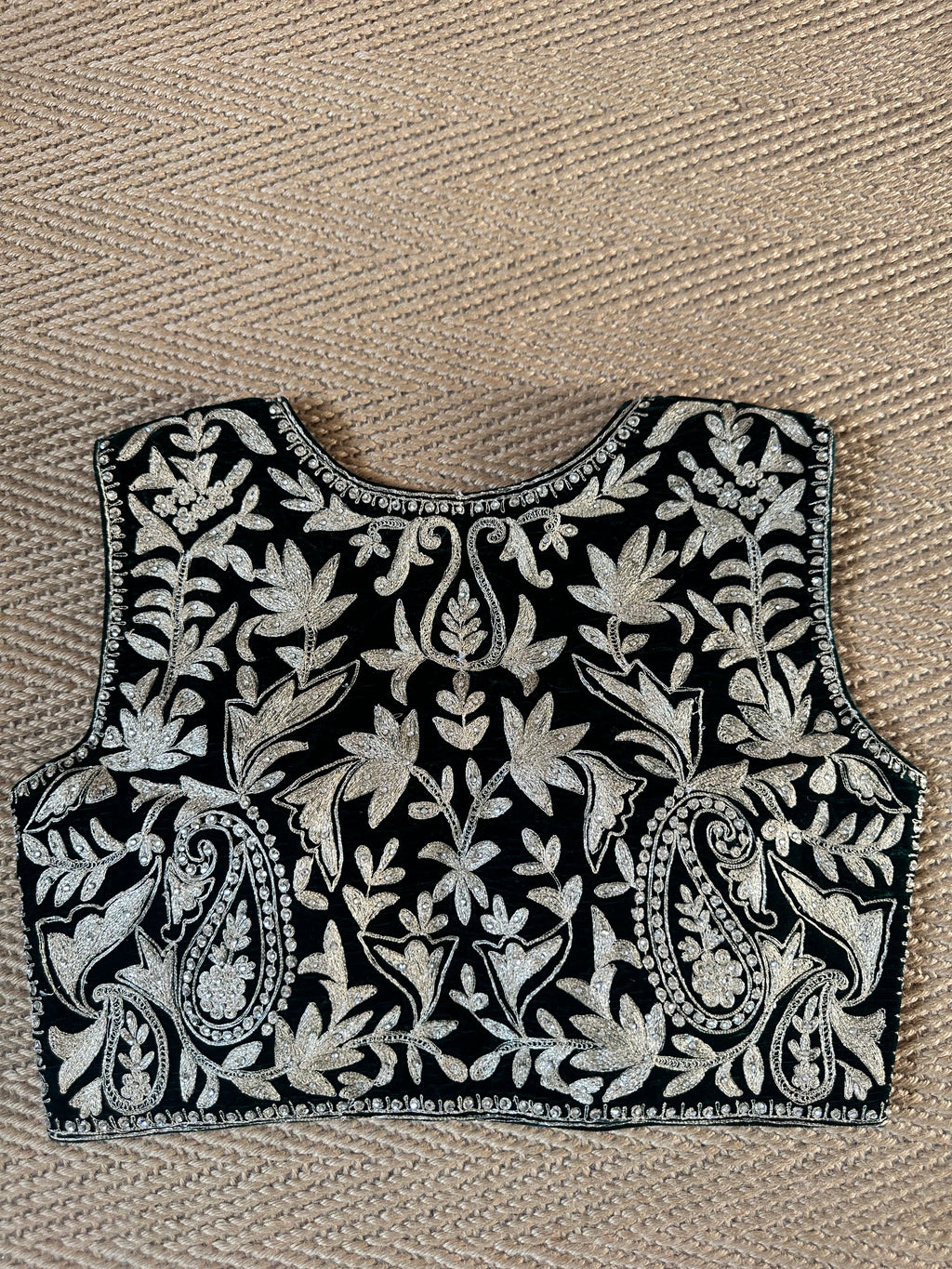 Green designer velvet sleeveless blouse