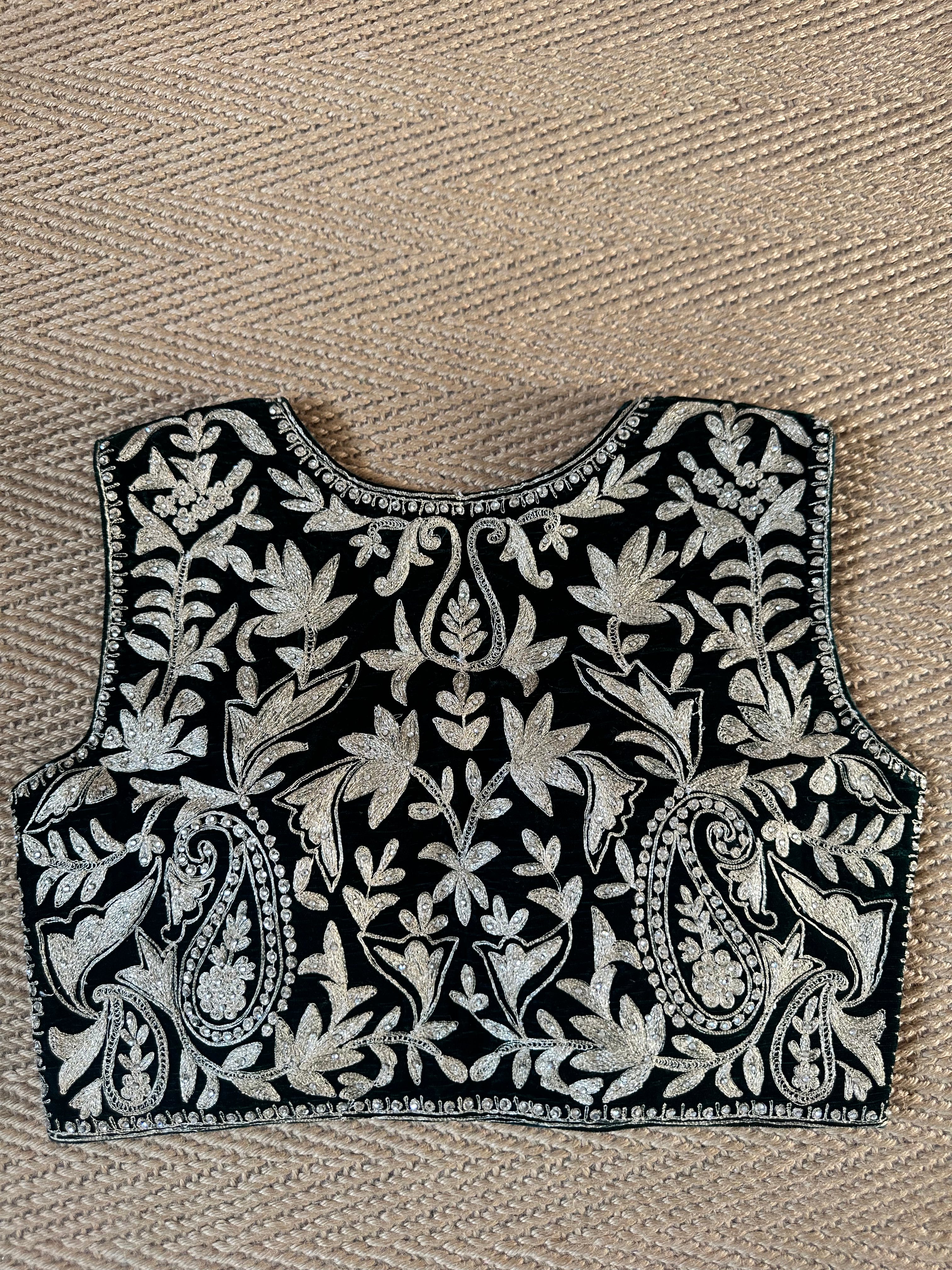 Green designer velvet sleeveless blouse