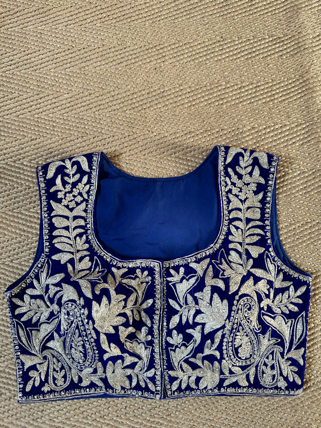Blue designer velvet sleeveless blouse