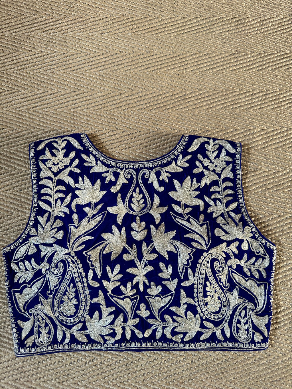 Blue designer velvet sleeveless blouse