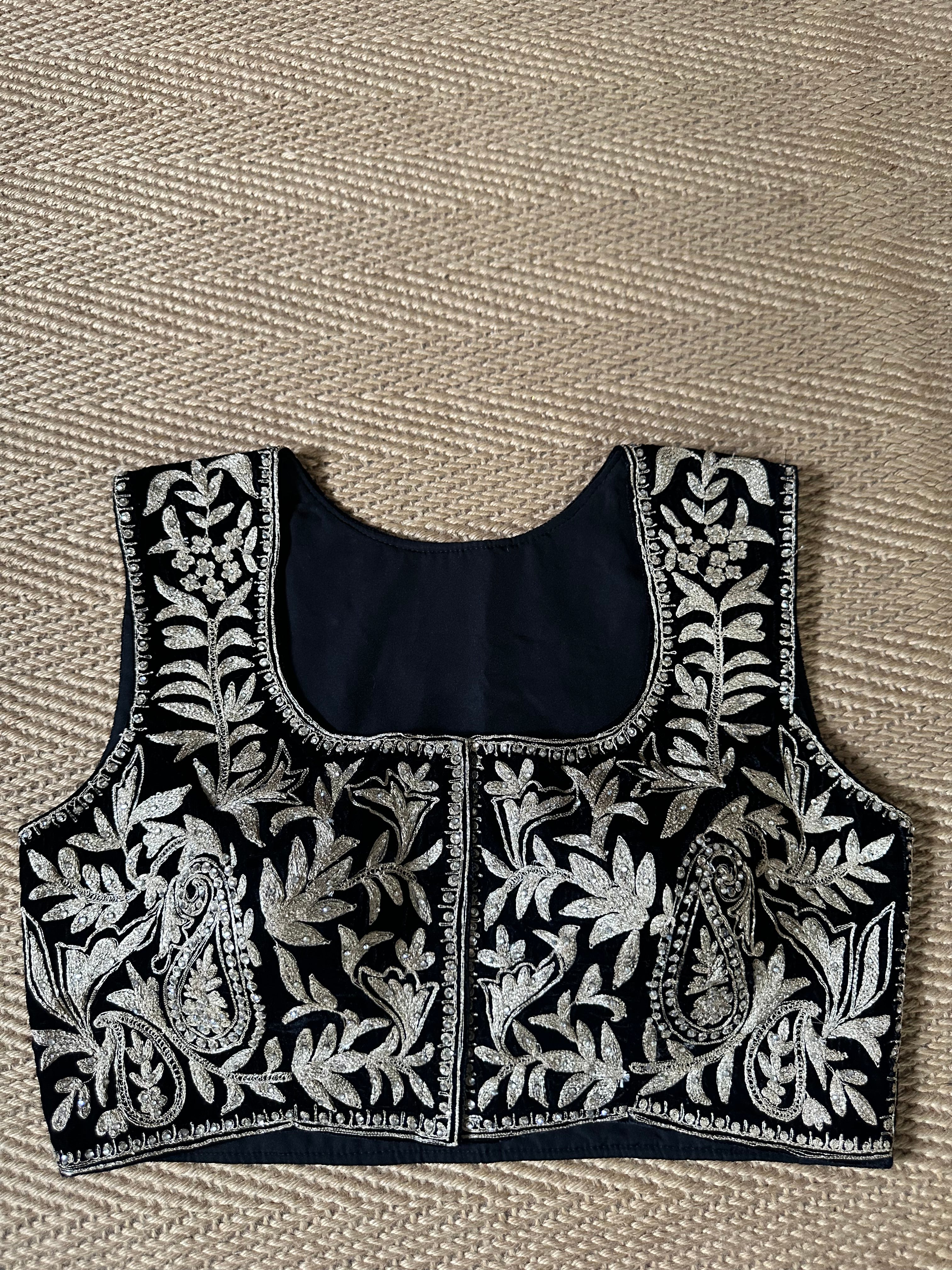 Black designer velvet sleeveless blouse