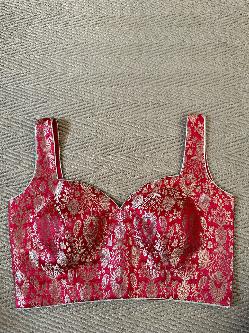 Red banarsi brocade sleeveless blouse