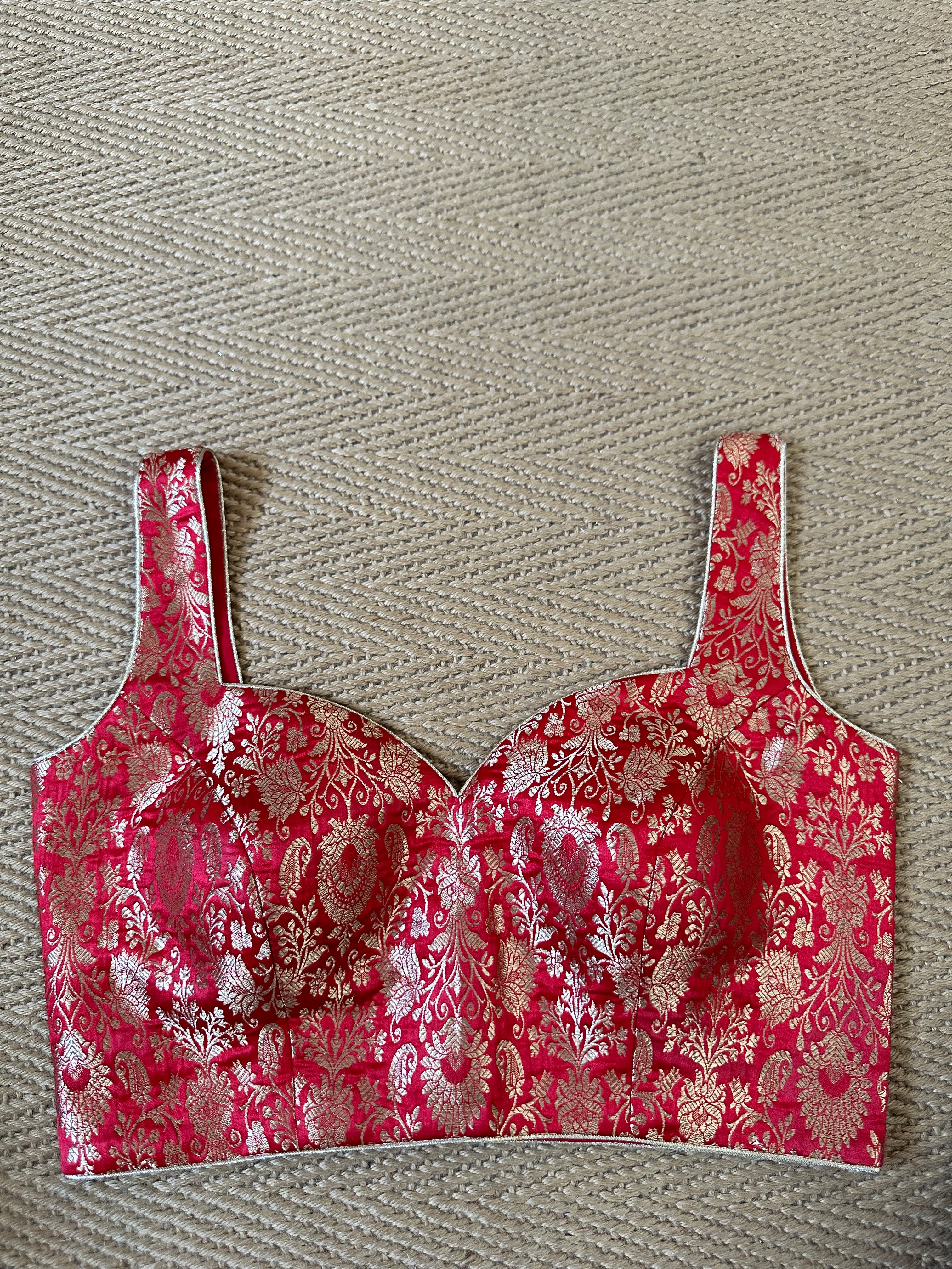 Red banarsi brocade sleeveless blouse