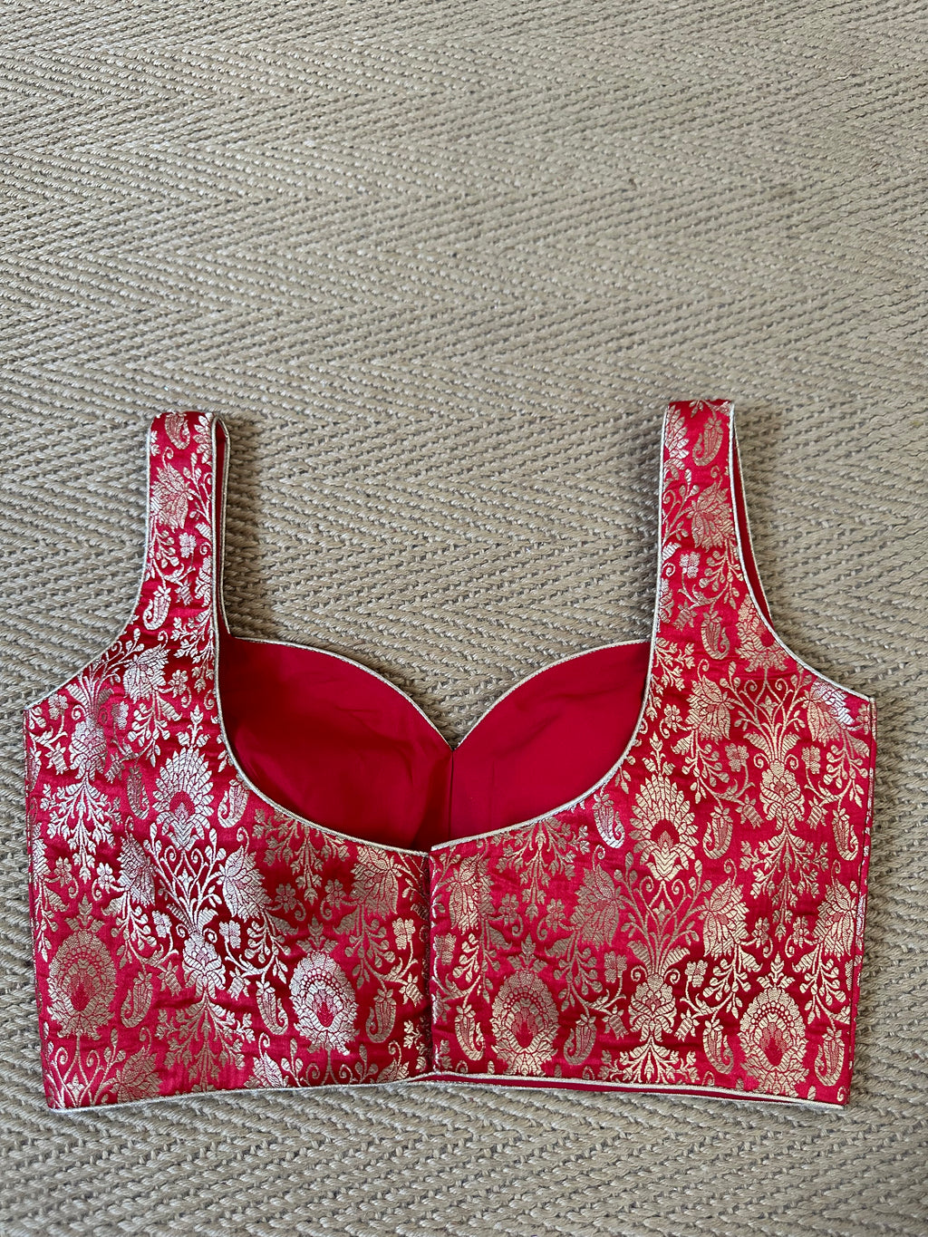Red banarsi brocade sleeveless blouse