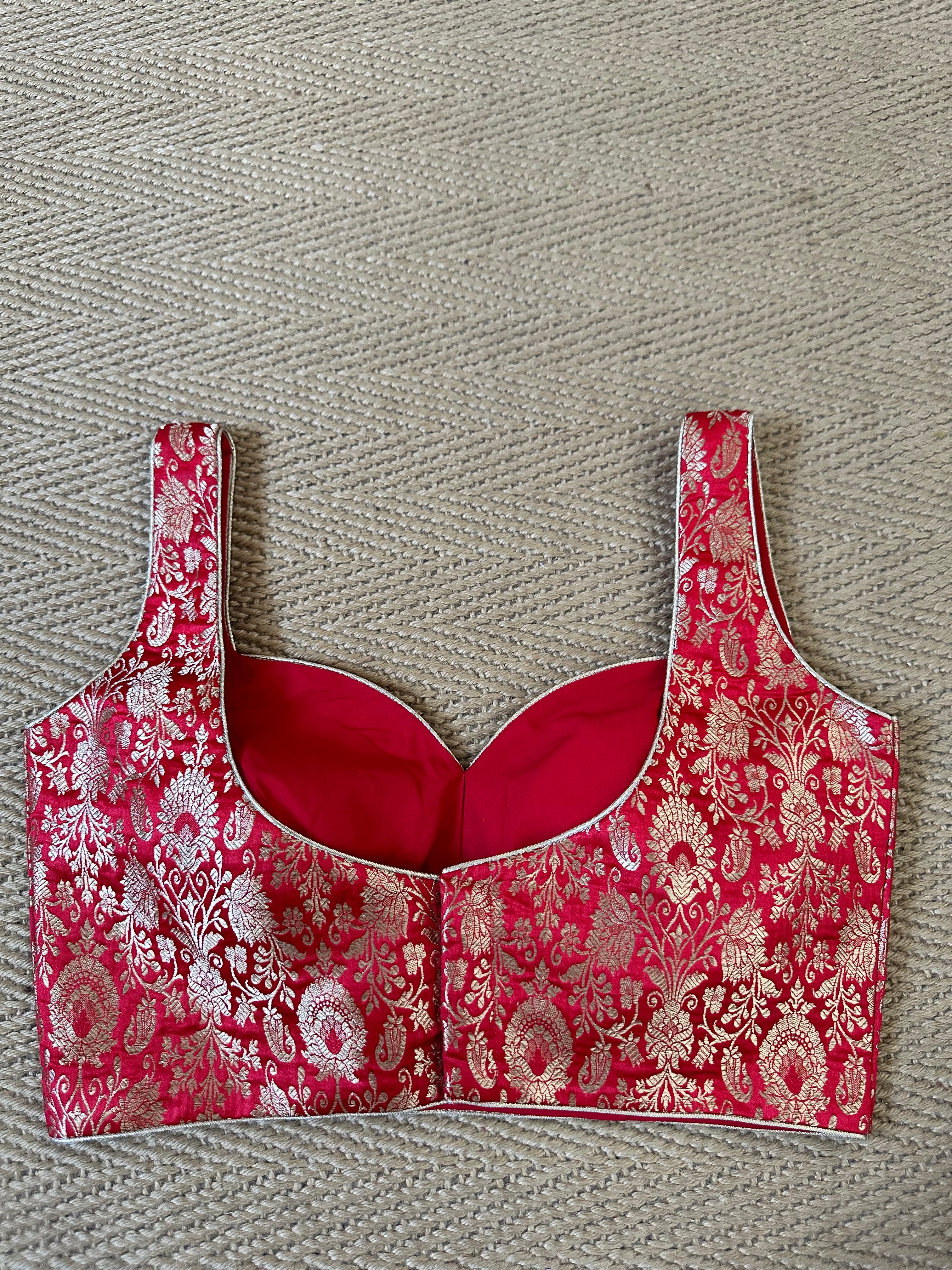 Red banarsi brocade sleeveless blouse