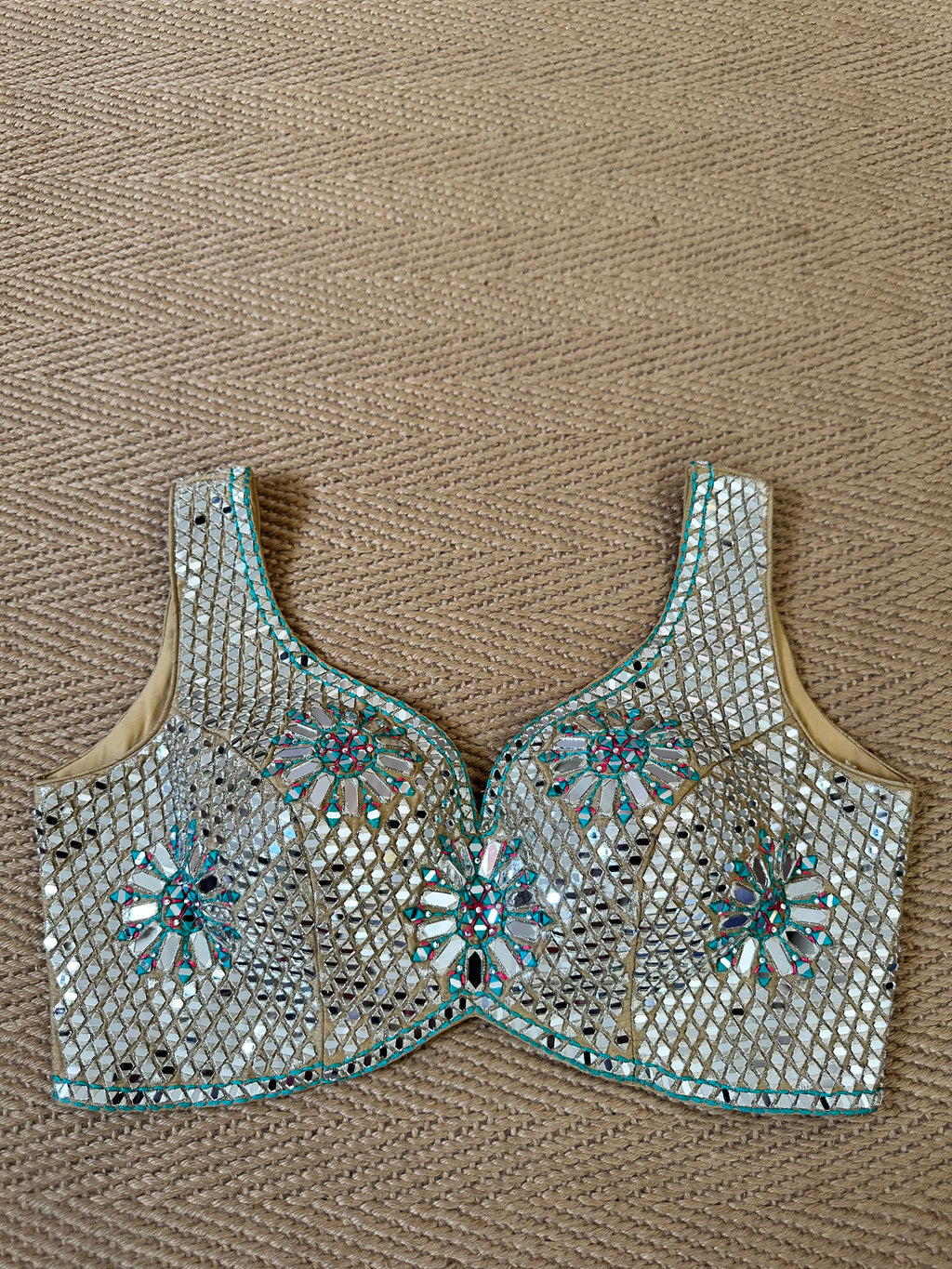 Gold designer blouse with real mirror work