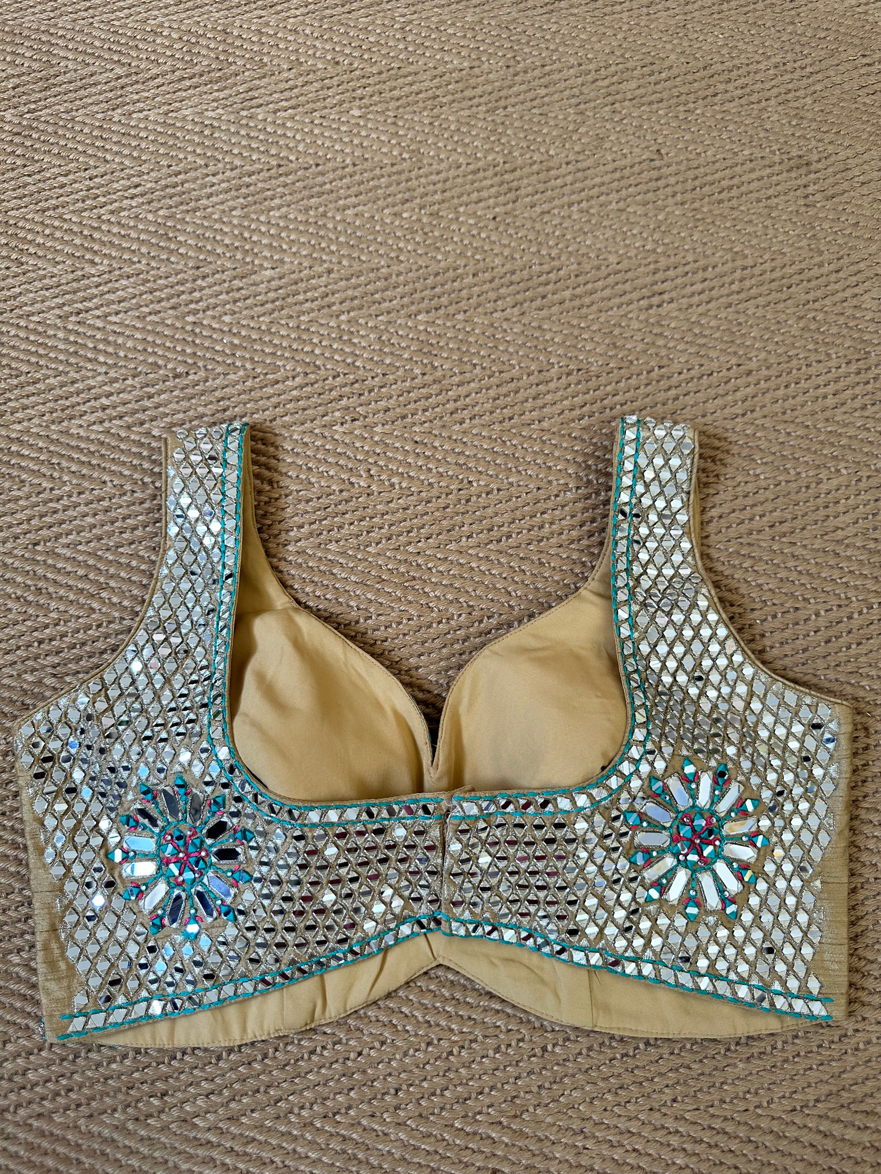 Gold designer blouse with real mirror work