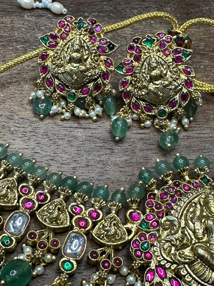 Nakshi lakshmi necklace with Kundan, kemp stone and earring