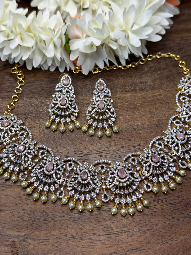 Diamond replica necklace with pink color stone and earring