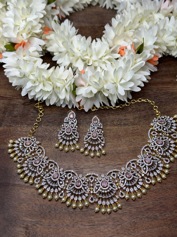 Diamond replica necklace with pink color stone and earring