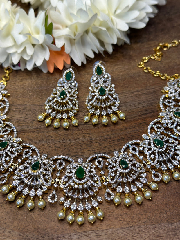 Diamond replica necklace with green color stone and earring