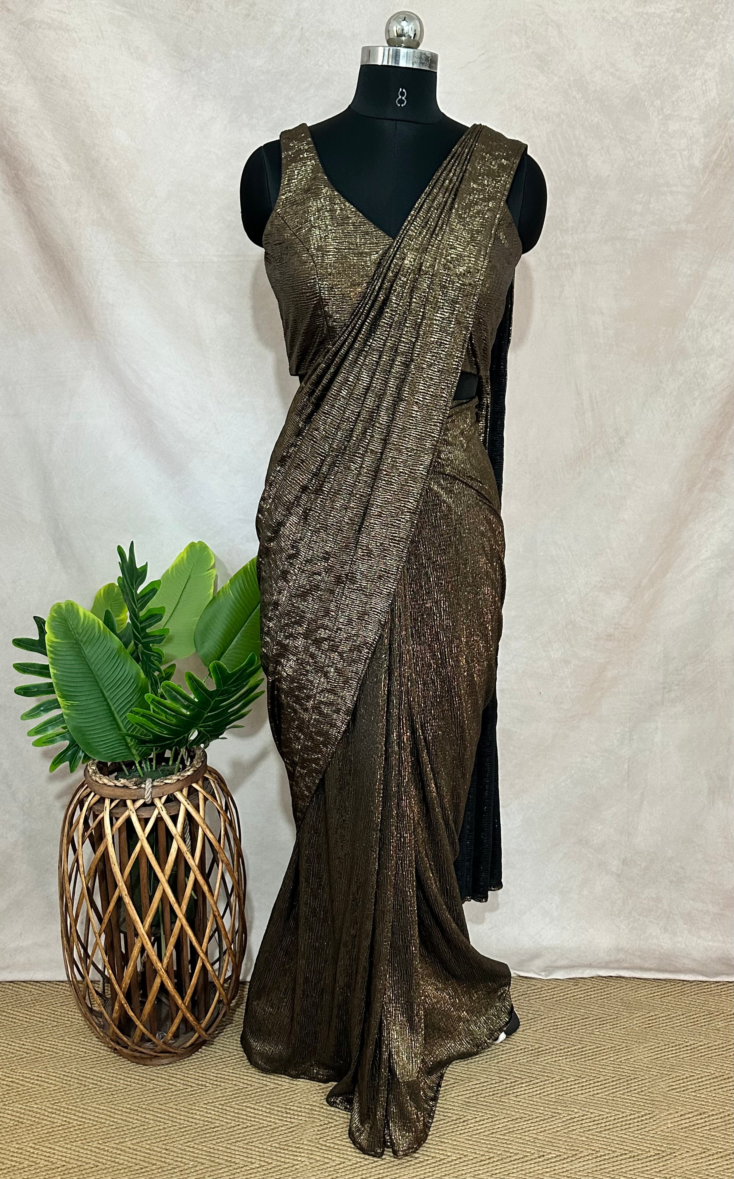 Ready made pre pleated gold metalic saree with designer blouse