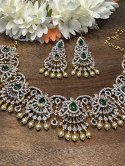 Diamond replica necklace with green color stone and earring