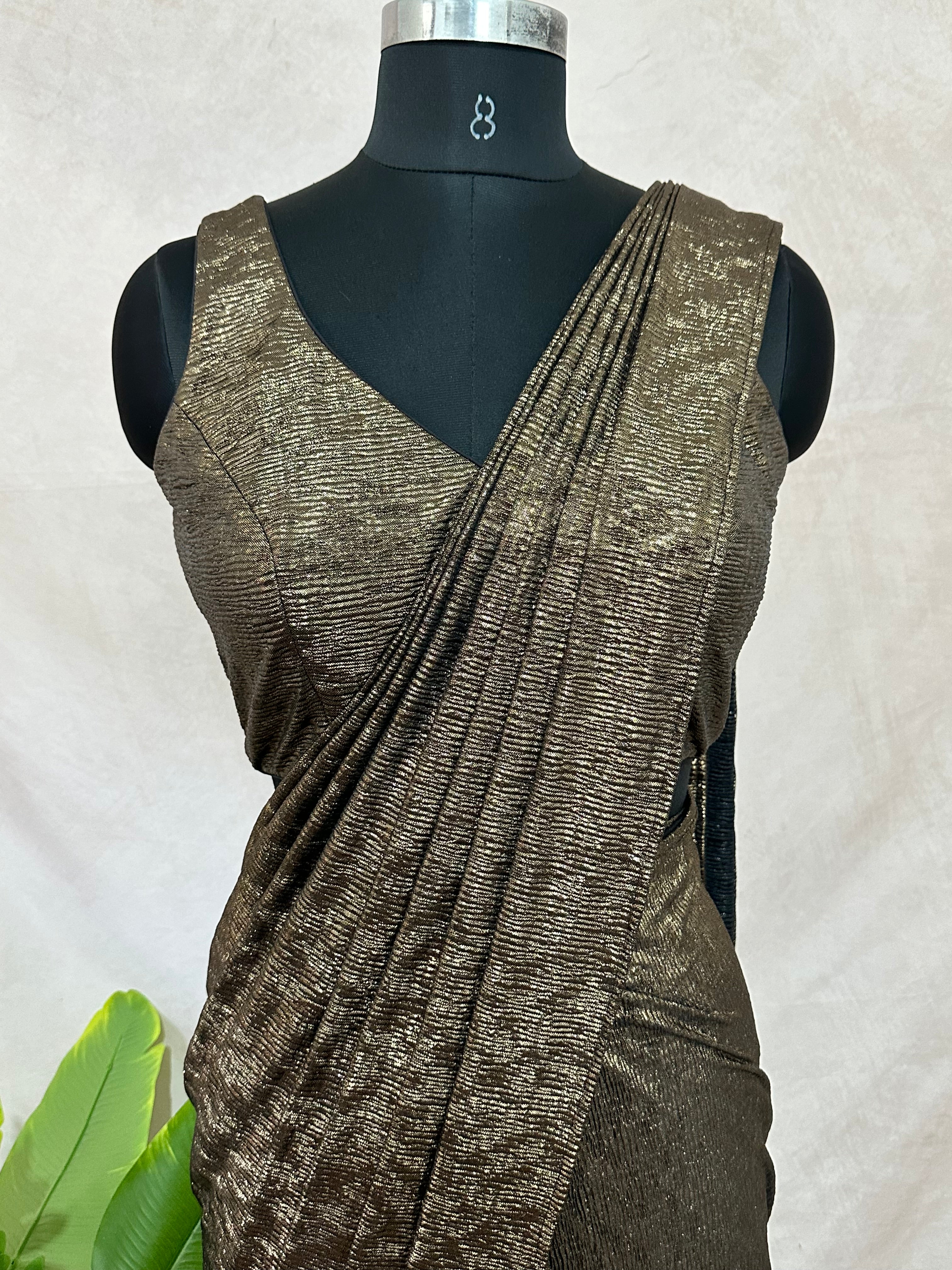 Ready made pre pleated gold metalic saree with designer blouse