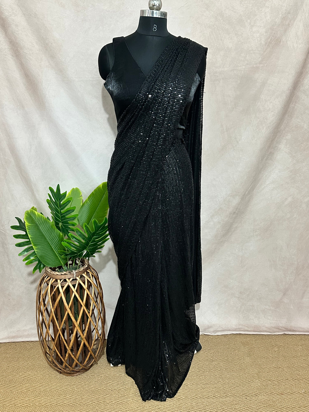 Ready made pre pleated Black sequins saree with designer blouse