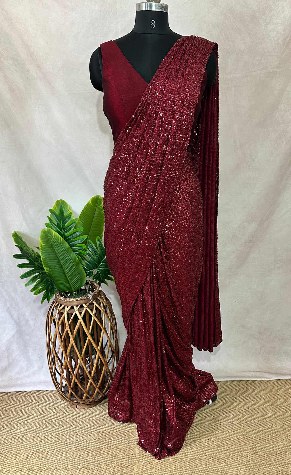 Ready made pre pleated maroon sequins saree with designer blouse