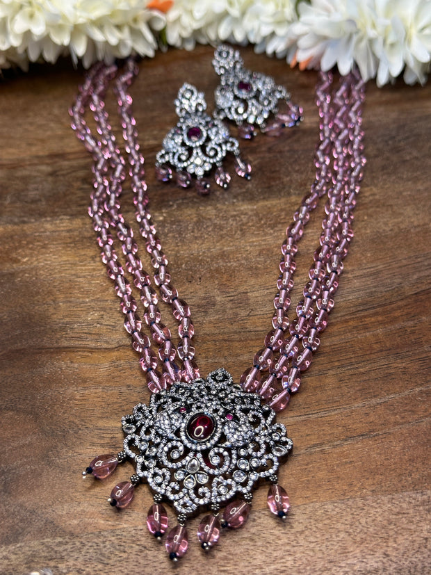 Victorian finish pendent with 3 layer pink beads and earring