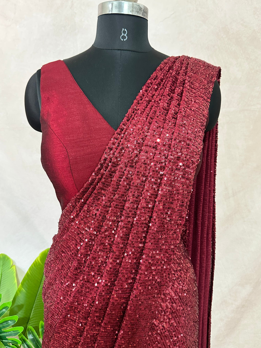 Ready made pre pleated maroon sequins saree with designer blouse