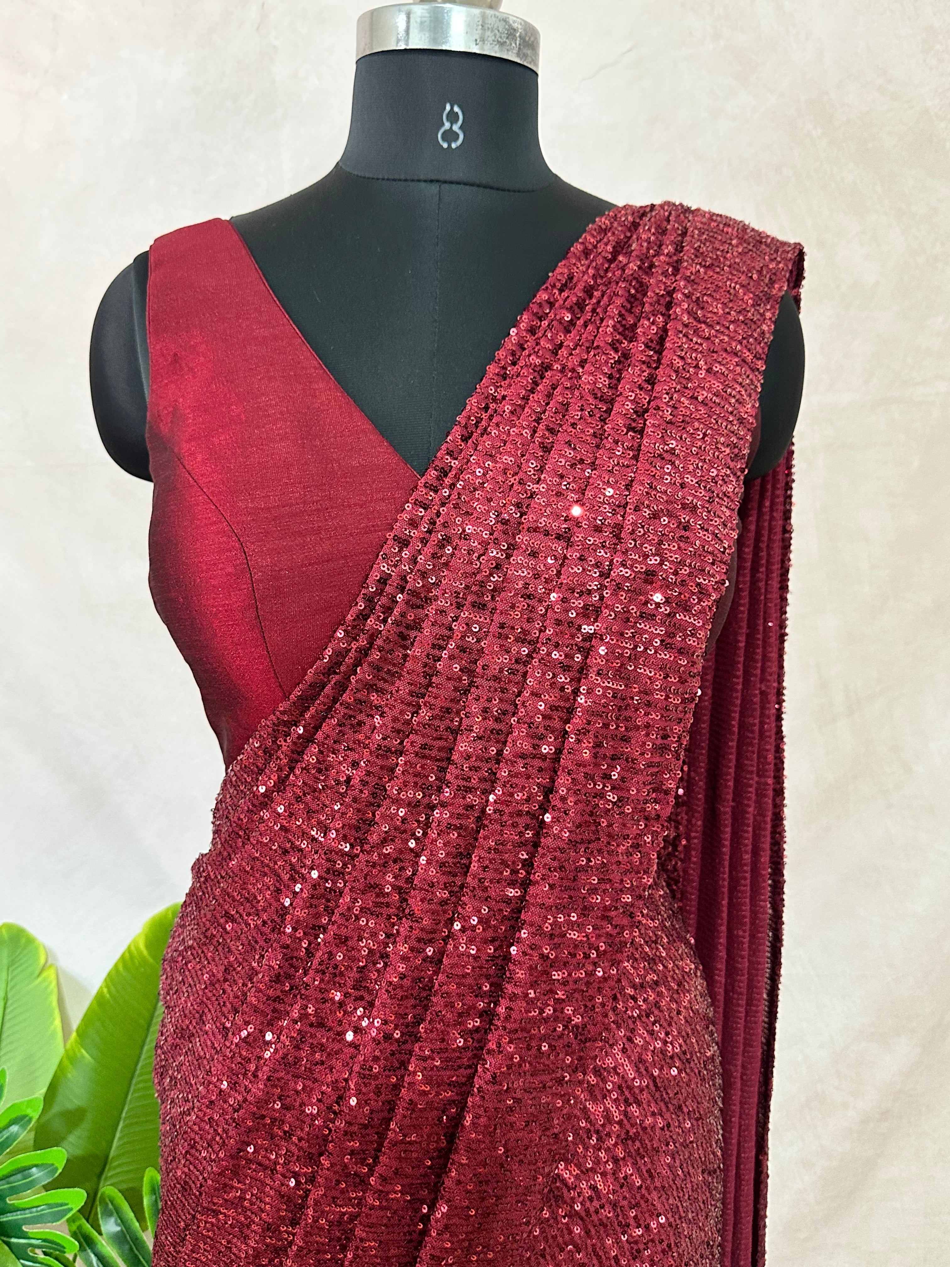 Ready made pre pleated maroon sequins saree with designer blouse