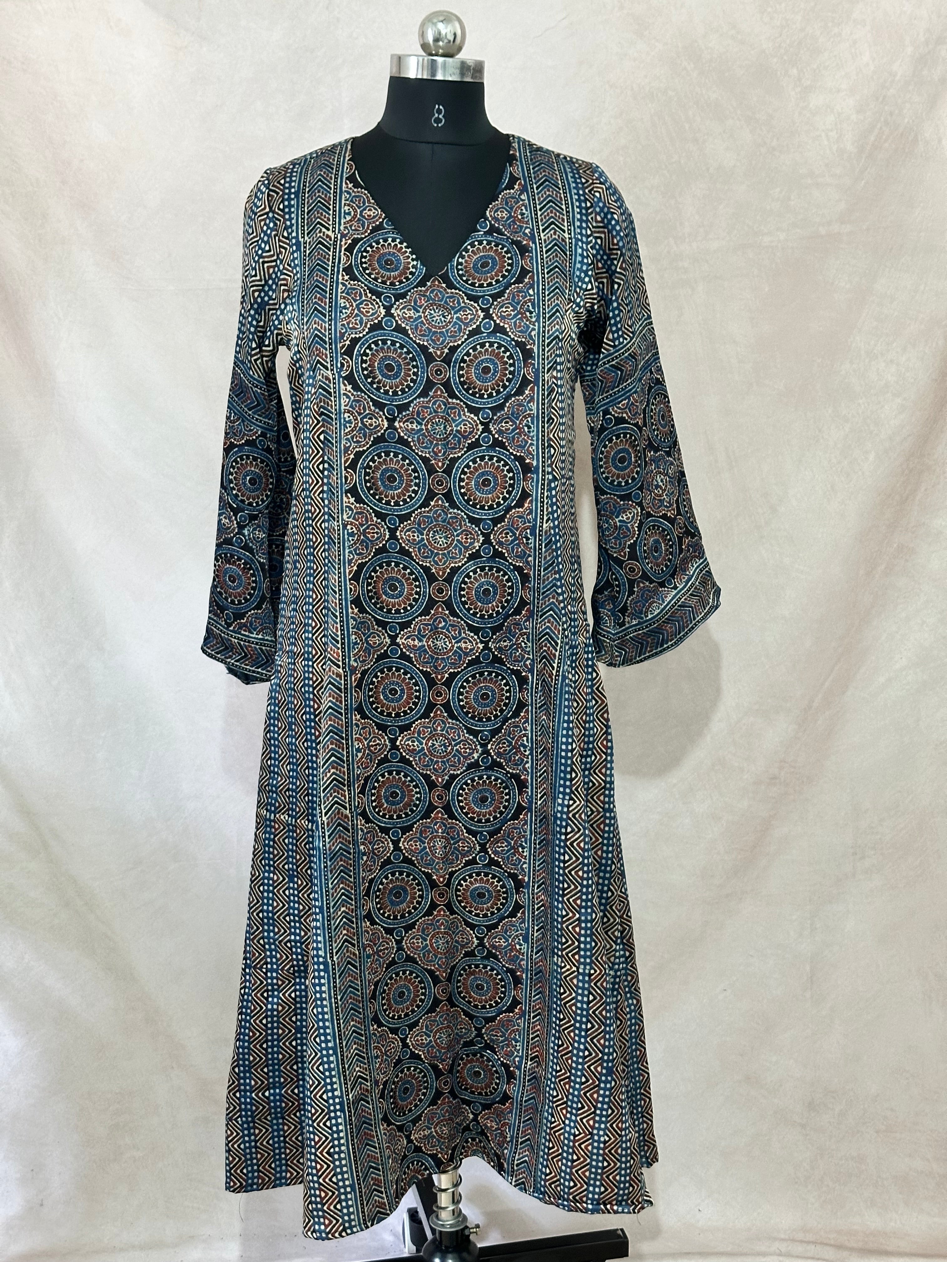 Indigo blue mashru silk kurti with ajrakh hand block print