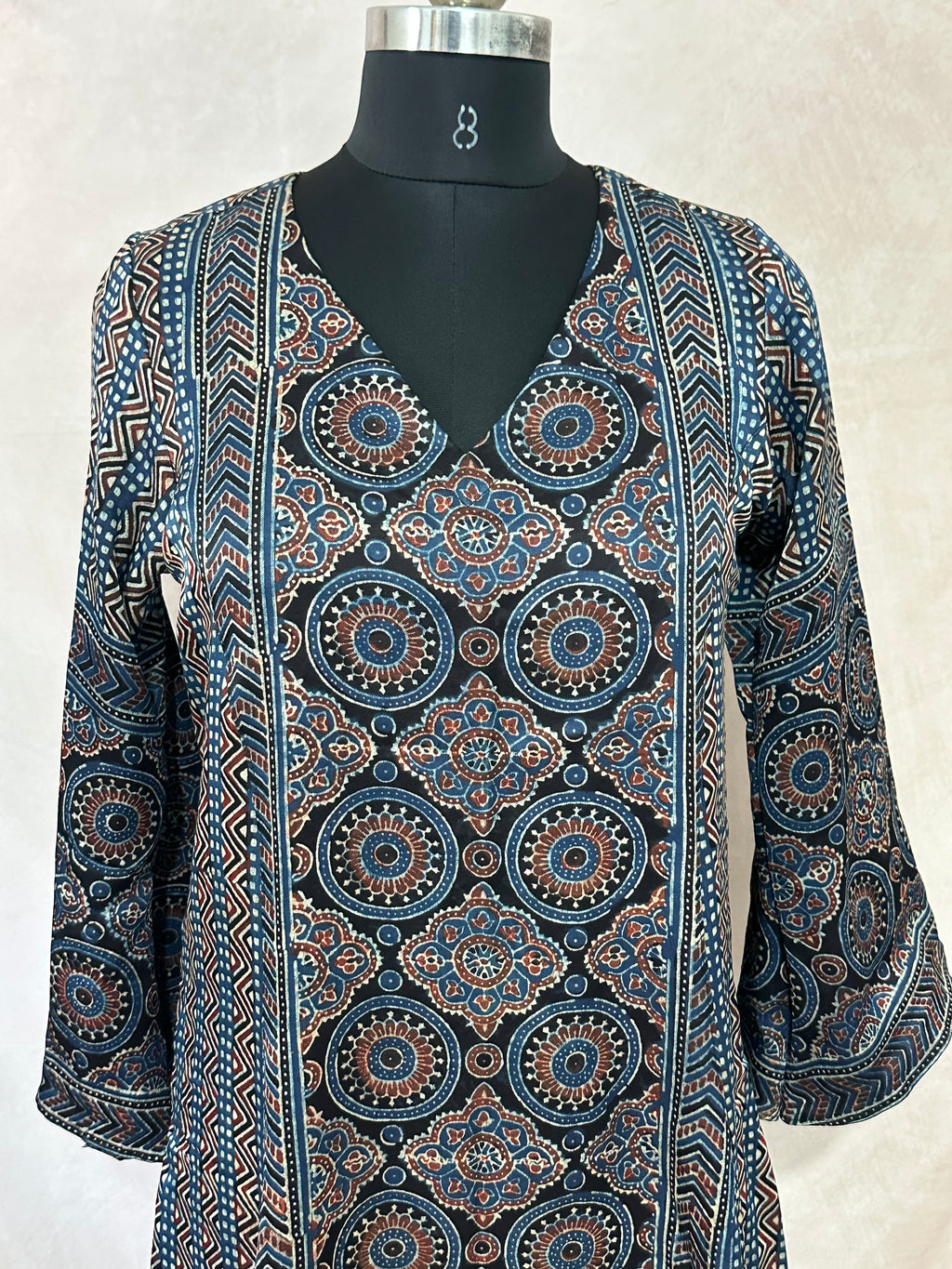 Indigo blue mashru silk kurti with ajrakh hand block print