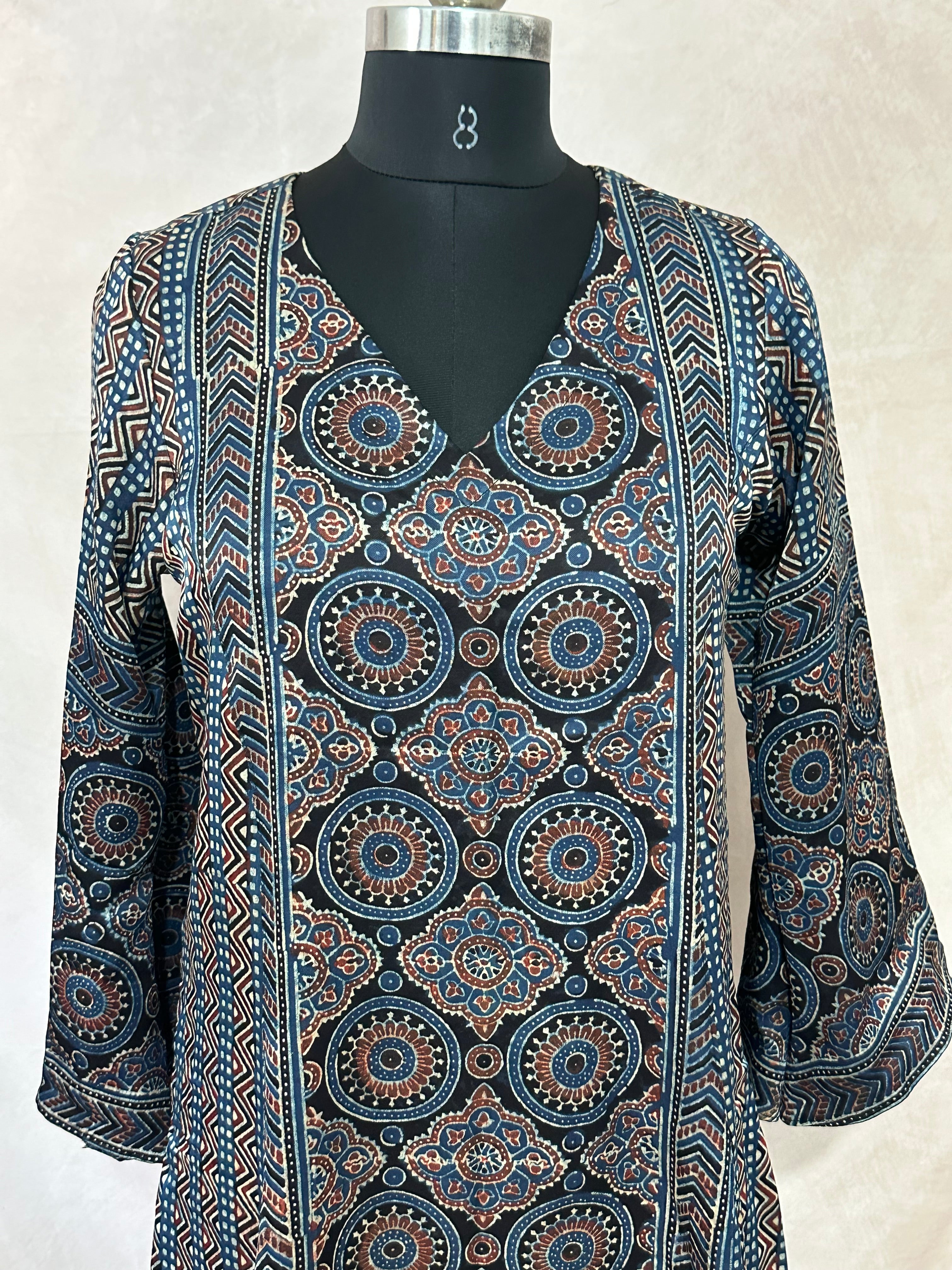 Indigo blue mashru silk kurti with ajrakh hand block print