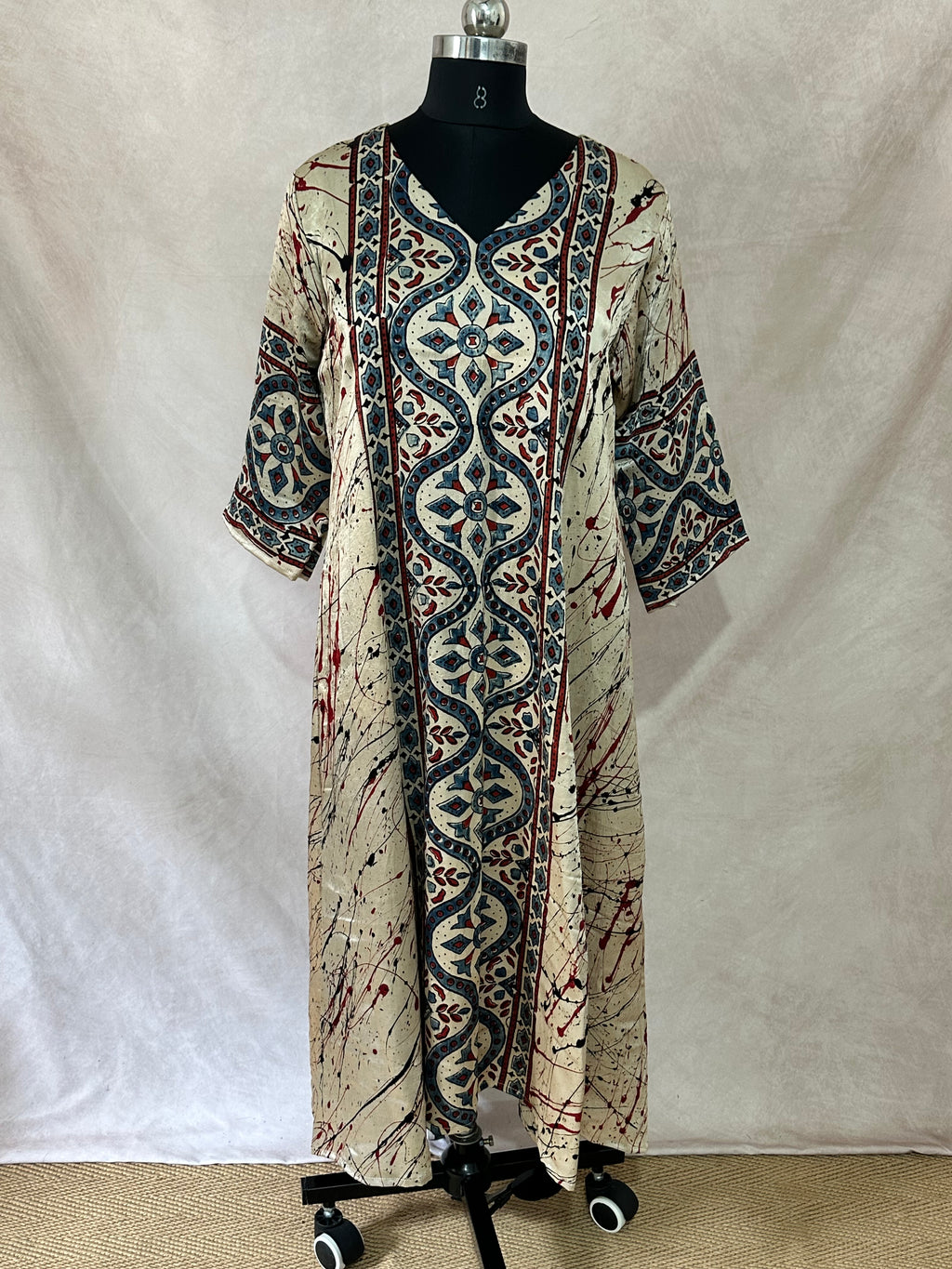 Cream mashru silk kurti with ajrakh hand block print