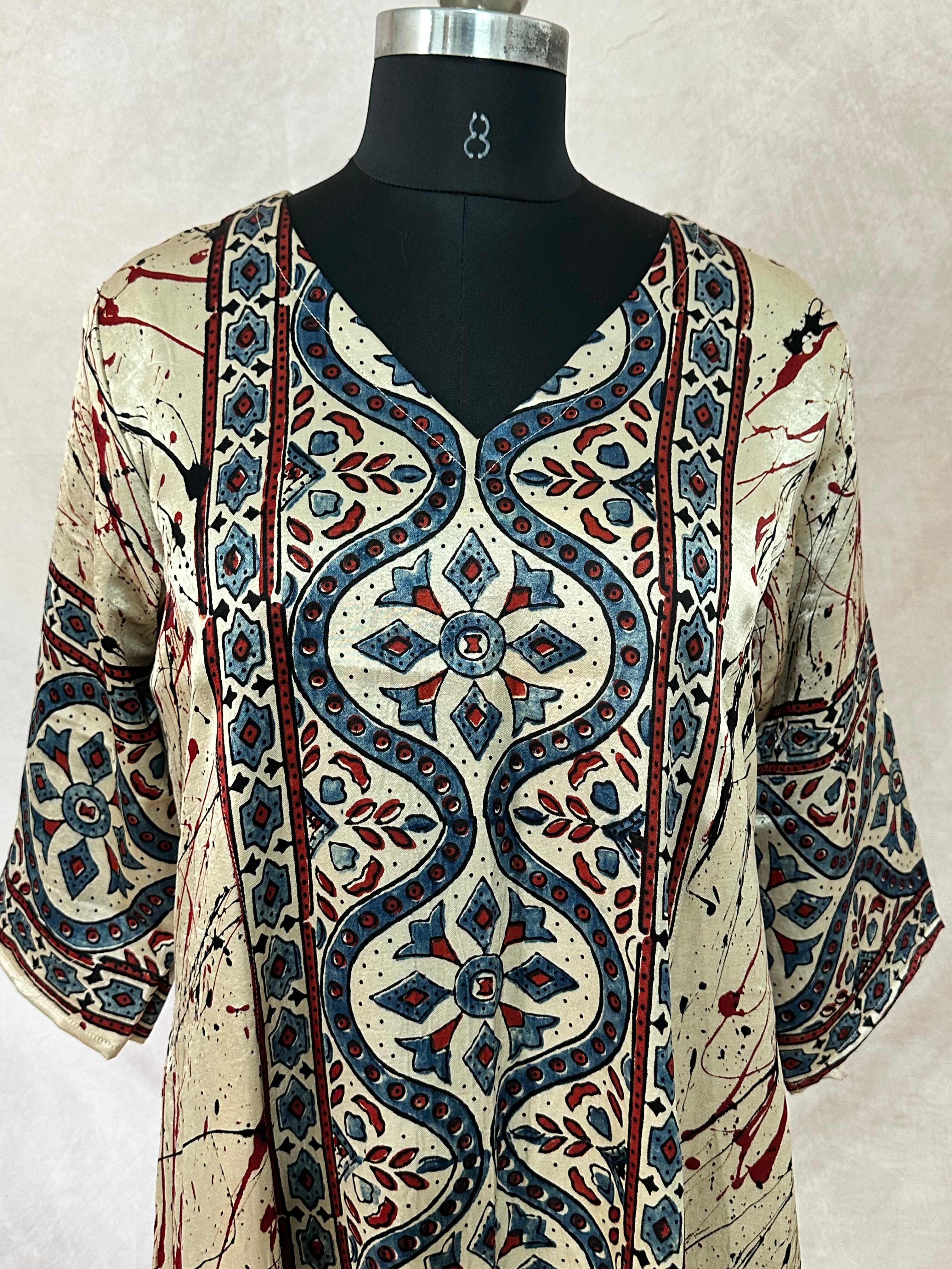 Cream mashru silk kurti with ajrakh hand block print
