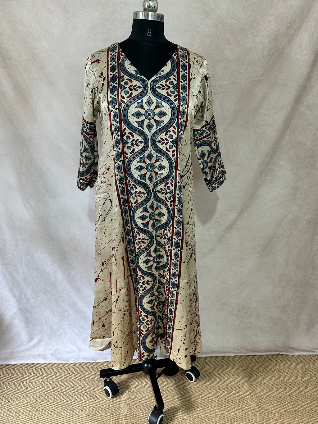 Cream mashru silk kurti with ajrakh hand block print