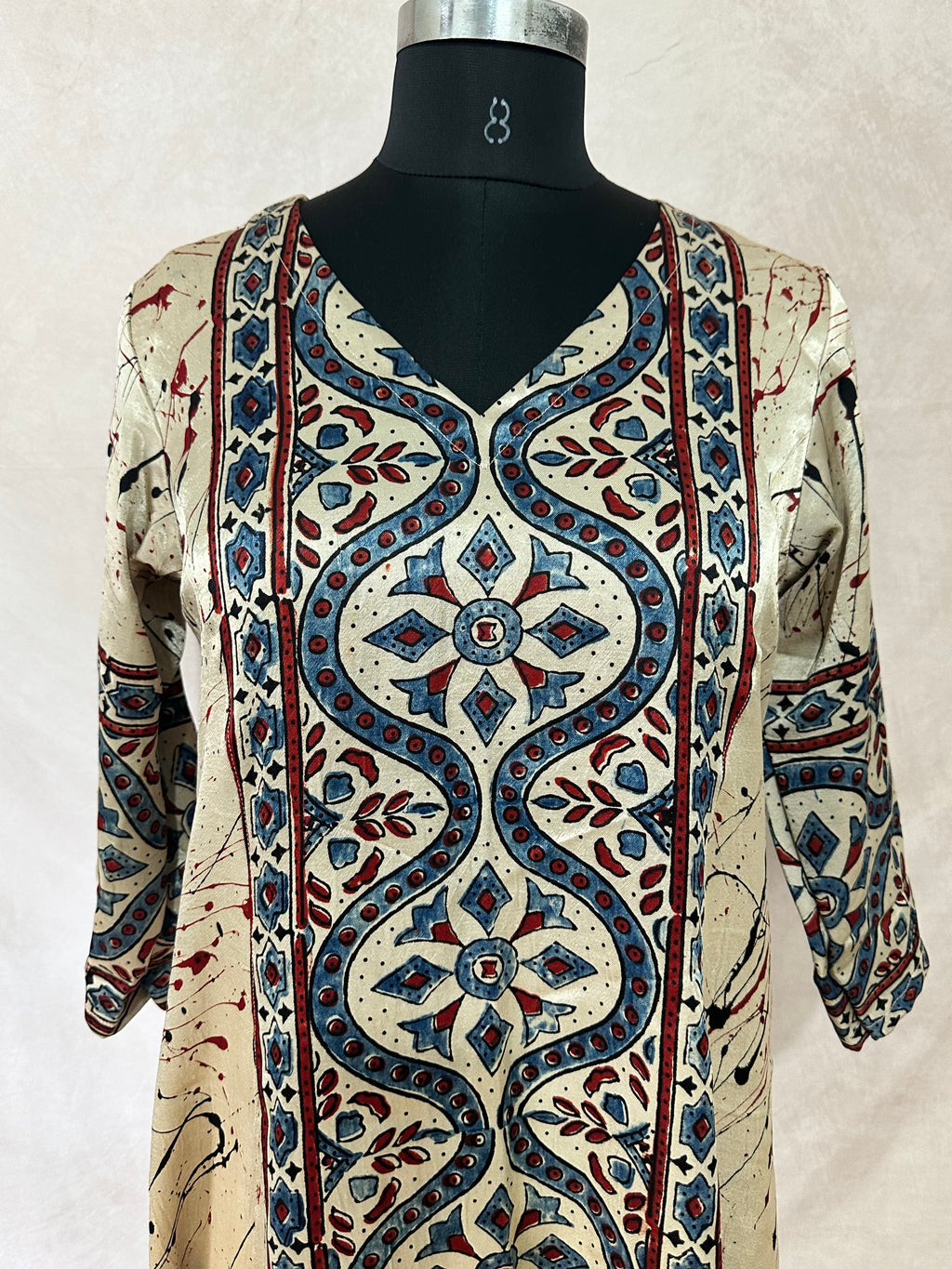 Cream mashru silk kurti with ajrakh hand block print