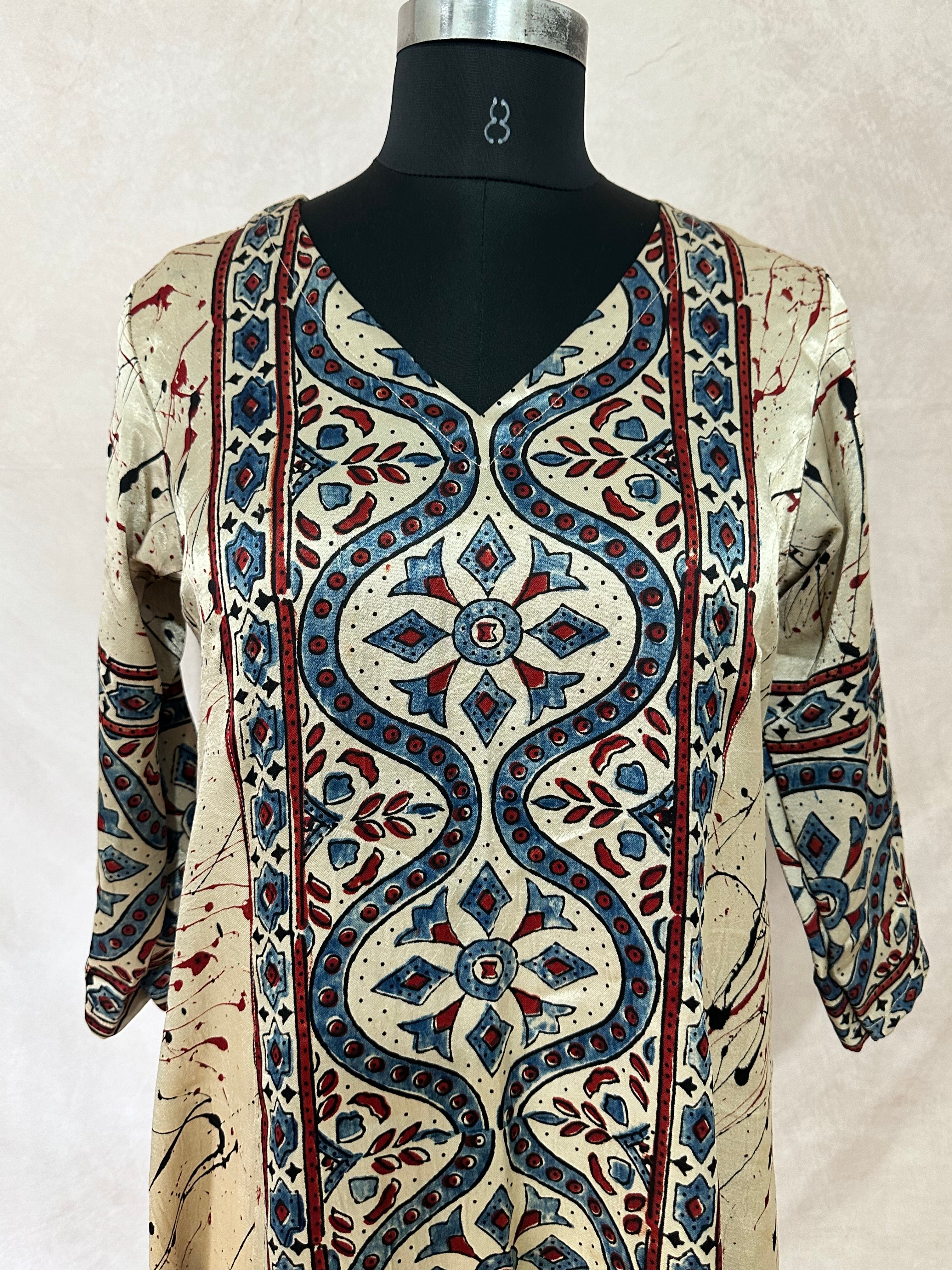 Cream mashru silk kurti with ajrakh hand block print