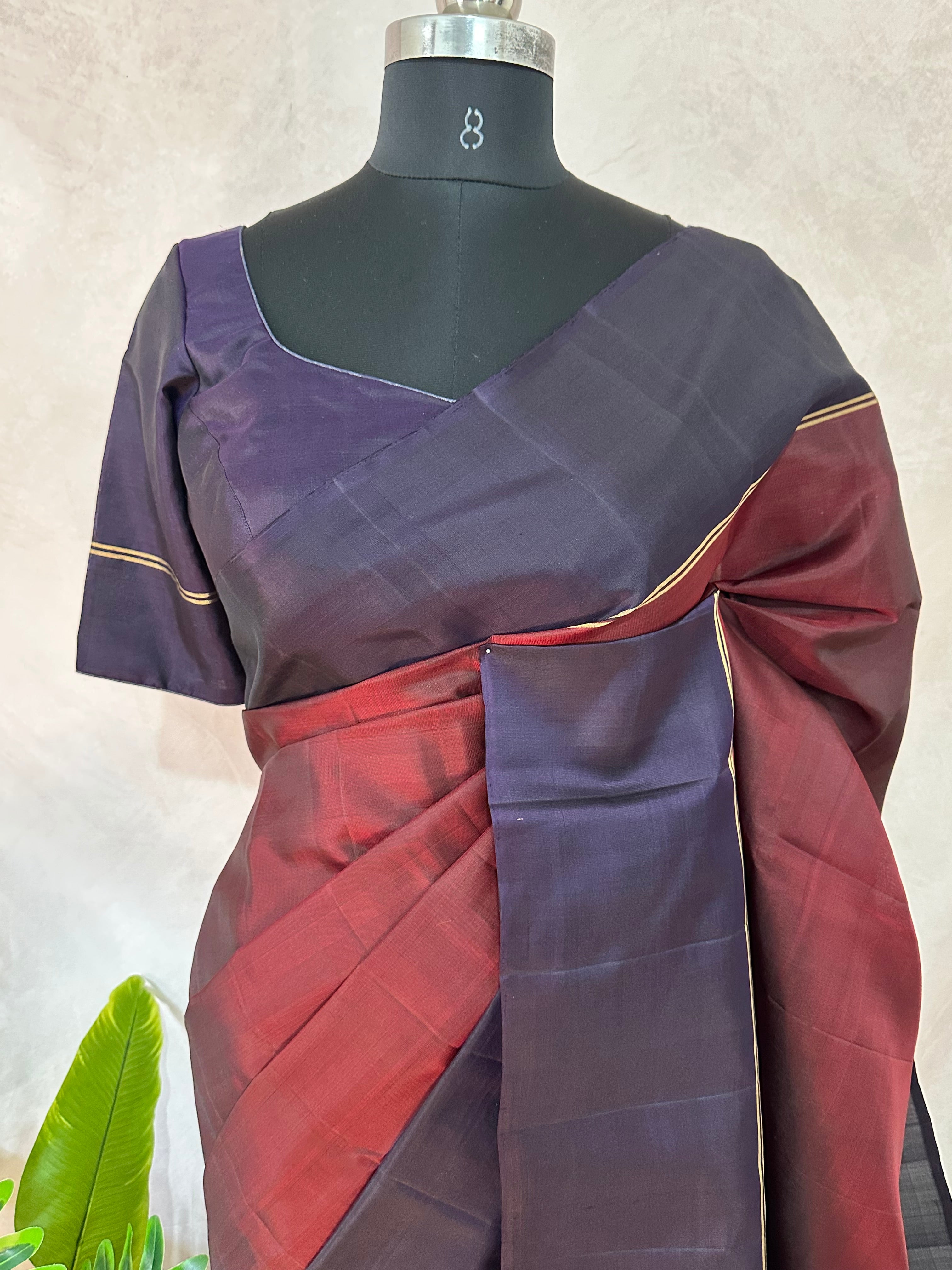 Brickred red and navy blue combo pure kanchivaram soft silk saree with stitched blouse