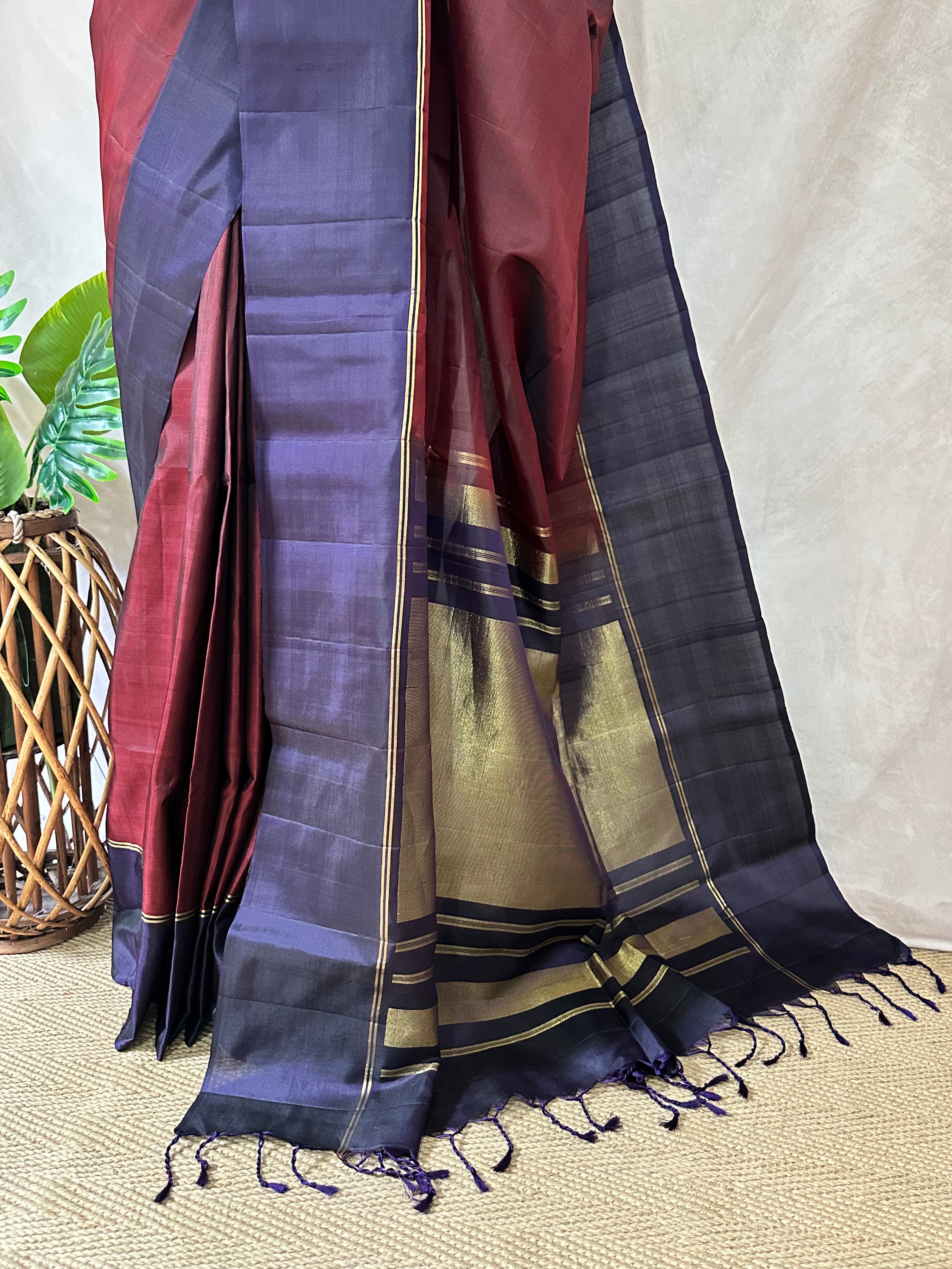 Brickred red and navy blue combo pure kanchivaram soft silk saree with stitched blouse