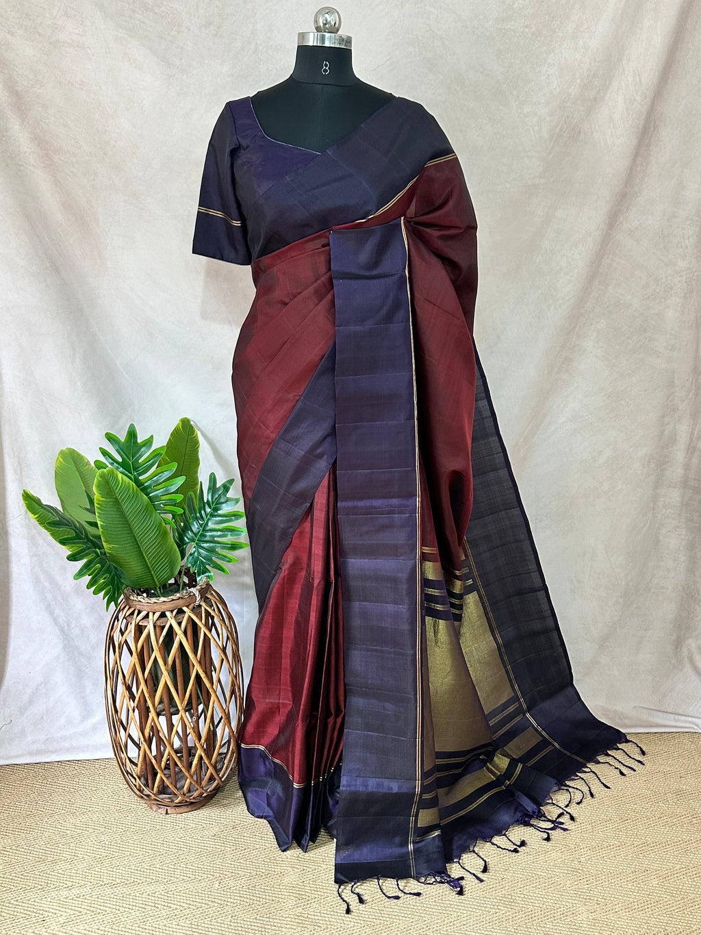 Brickred red and navy blue combo pure kanchivaram soft silk saree with stitched blouse