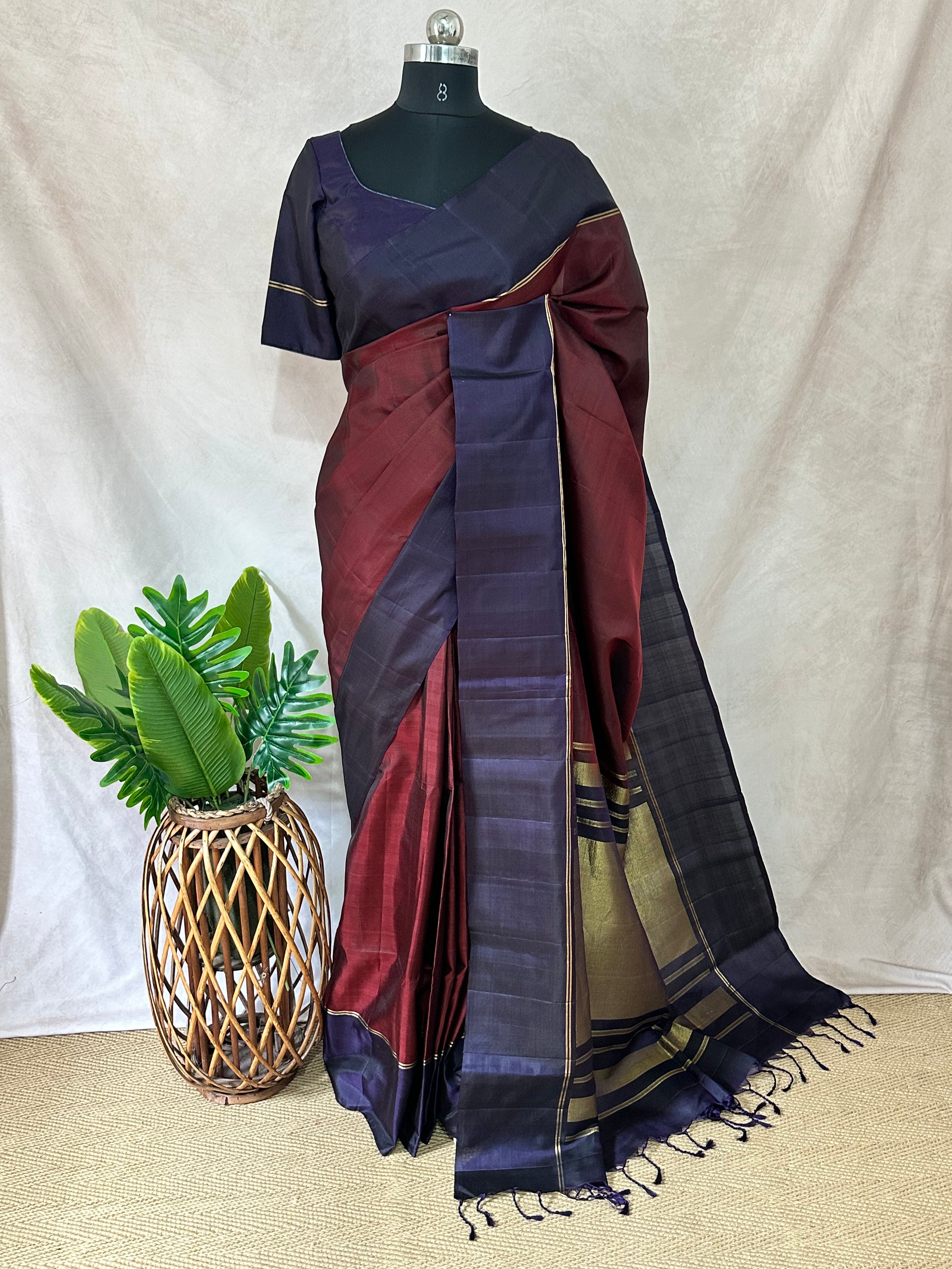 Brickred red and navy blue combo pure kanchivaram soft silk saree with stitched blouse