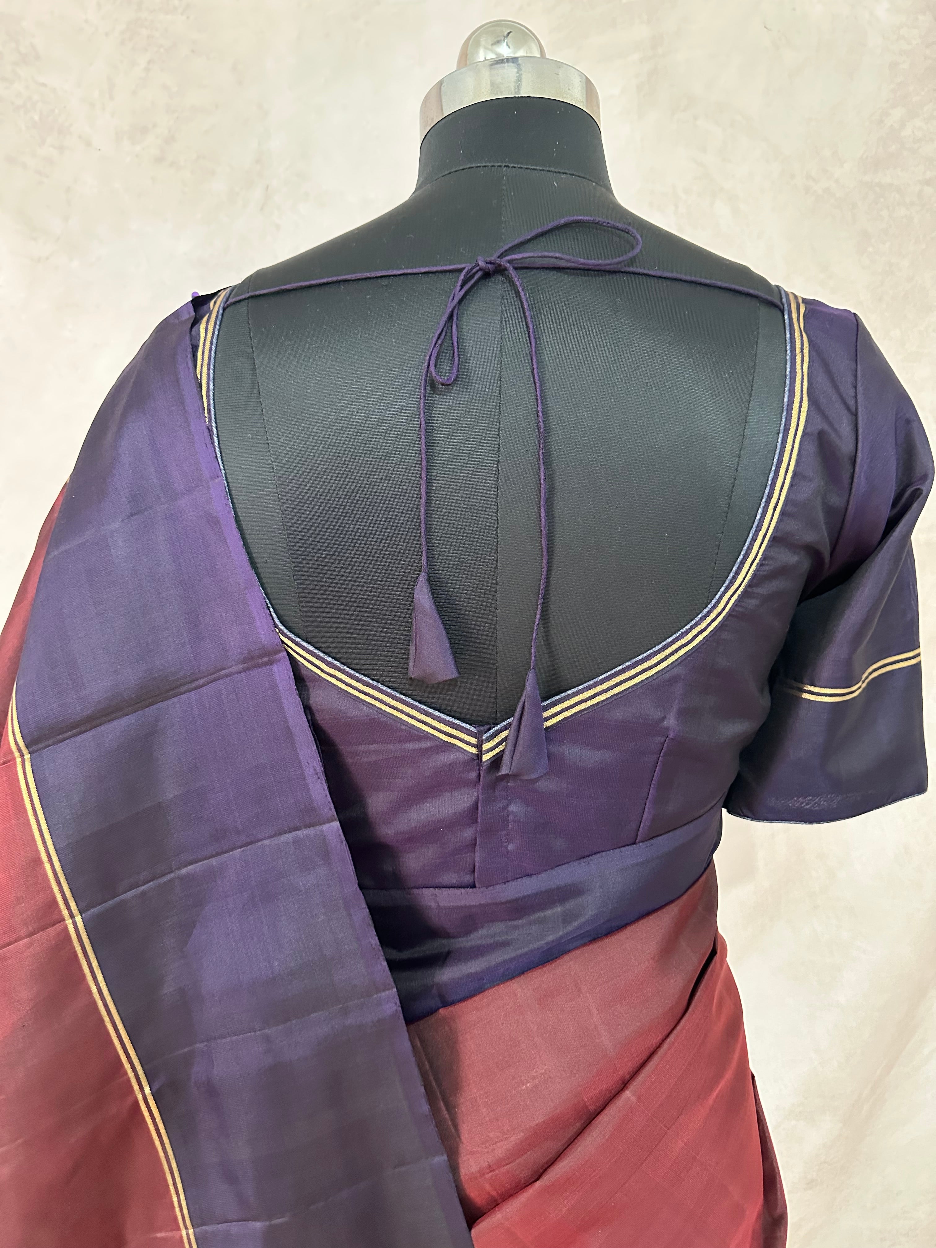 Brickred red and navy blue combo pure kanchivaram soft silk saree with stitched blouse