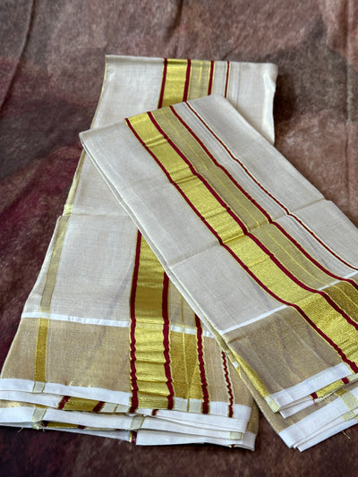 Tissue set mundu with red borders